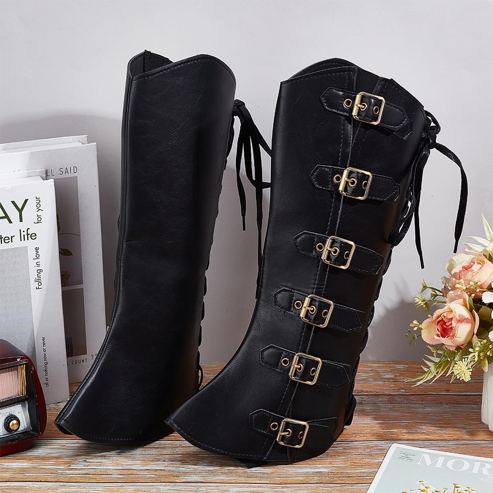 GORGECRAFT 2Pcs Knight Leg Guards Gaiters Steampunk Medieval Boot Covers Imitation Leather Pirate Boot Tops with Buckle Straps Leg Wraps Shoes Accessories for Halloween Cosplay Viking Costume Black - Image 4