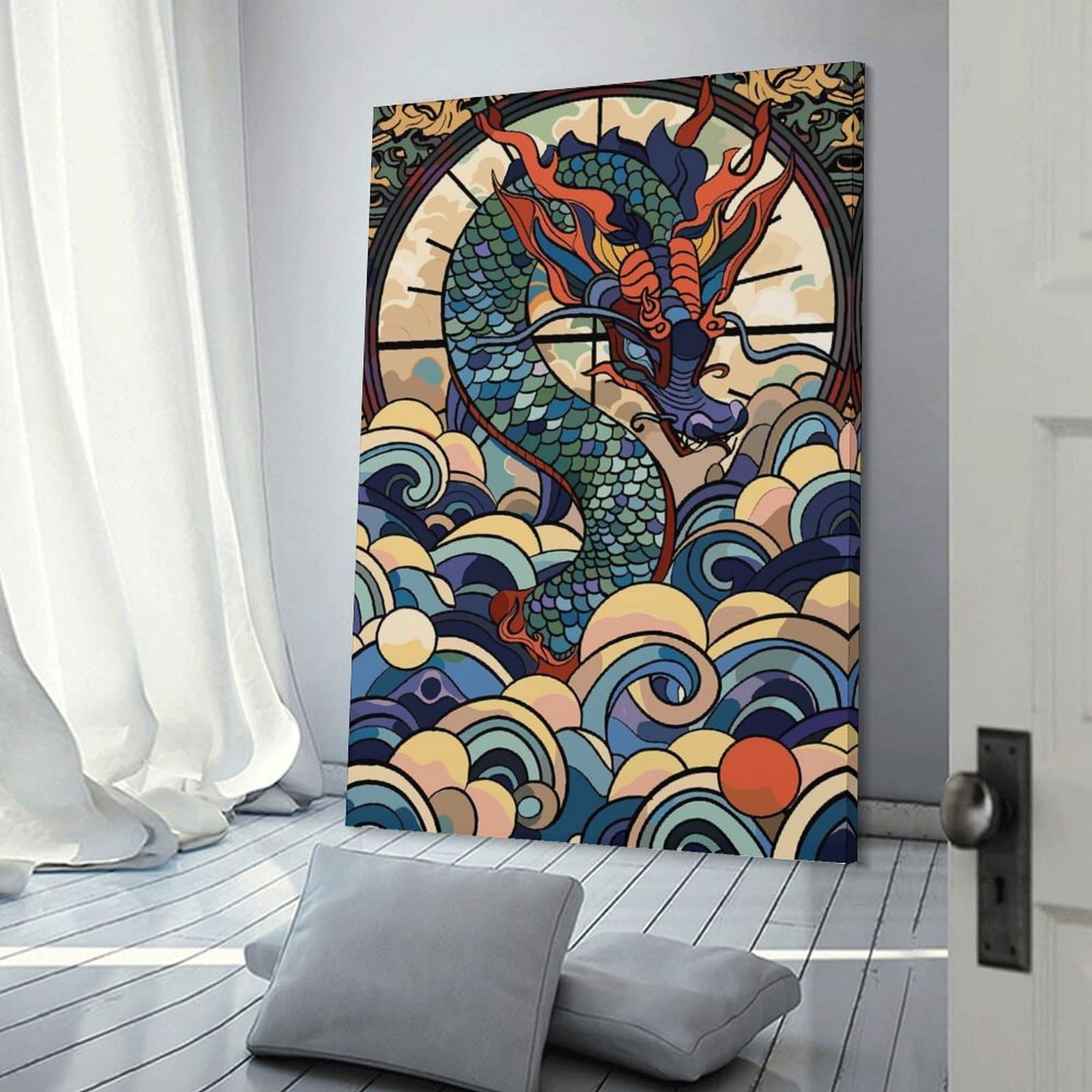Junmoney Dragon in A Circular Frame with Waves Hanging Wall Art 20x30inch(50x75cm), for New Homes, Bedrooms Or Workspaces, Thoughtful Wall Decor for Art Lovers
