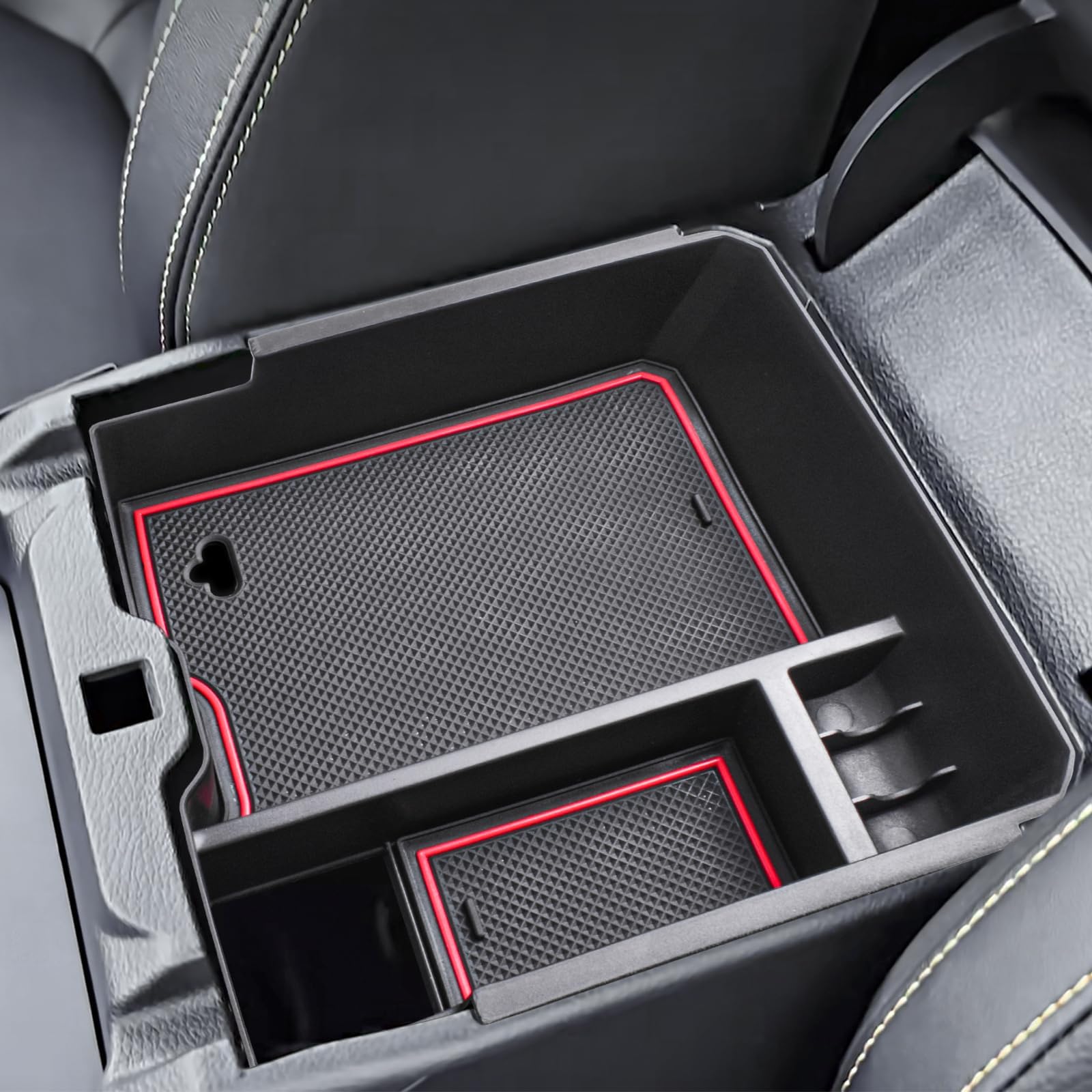 Center Console Organizer Tray Compatible with 2024 Ford Ranger & Ranger Raptor Interior Accessories, Coin Container Armrest Storage Box(Electric handbrake Version), Red