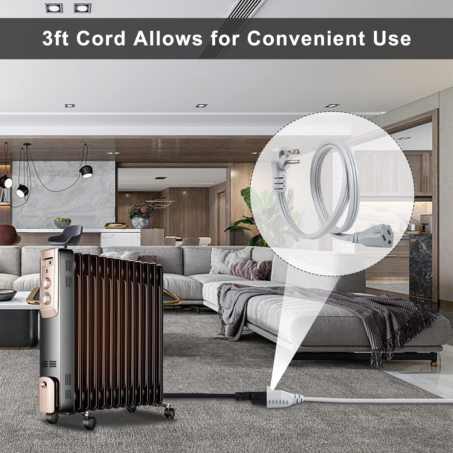 KUNCAN Appliance Power Extension Cord - 3 Prong Flat Wire SPT-3 14 AWG Heavy Duty Male to Female Extender Low Profile Grounded Cable for Major AC Unit, Air Conditioner, Refrigerator (3 Feet)