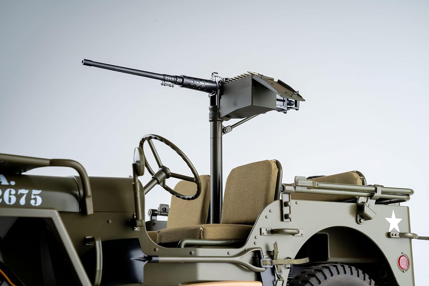 Rear view of RocHobby Machine Gun installed on RC Jeep
