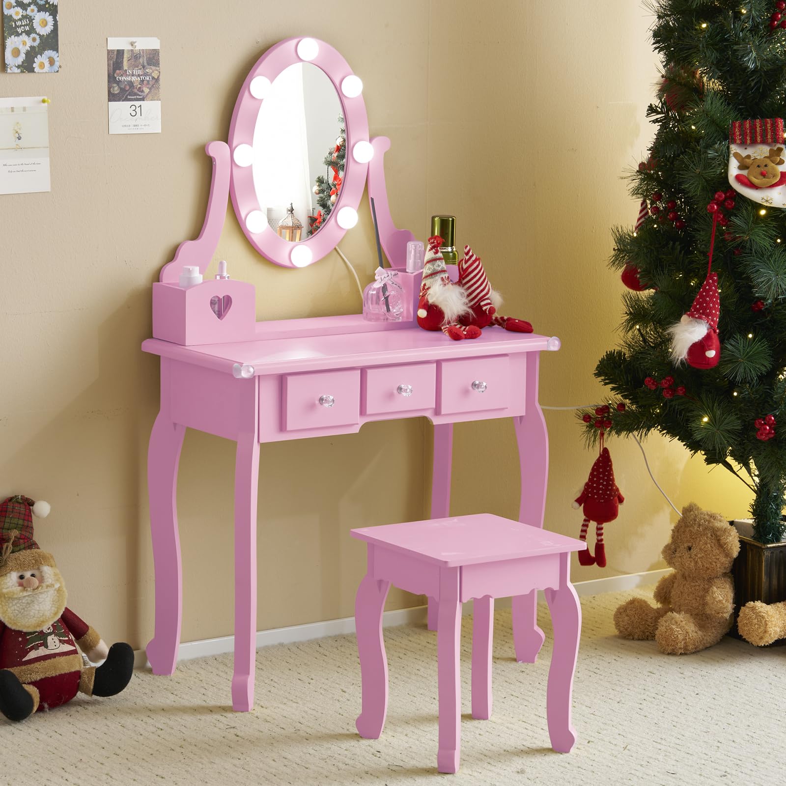 Retfam Kids Vanity with Stool, Girls Vanity Set with Lighted Mirror, Modern Kids Vanity Table and Chair Set, Makeup Dressing Princess Table with Drawers for Little Girls (Light Purple)