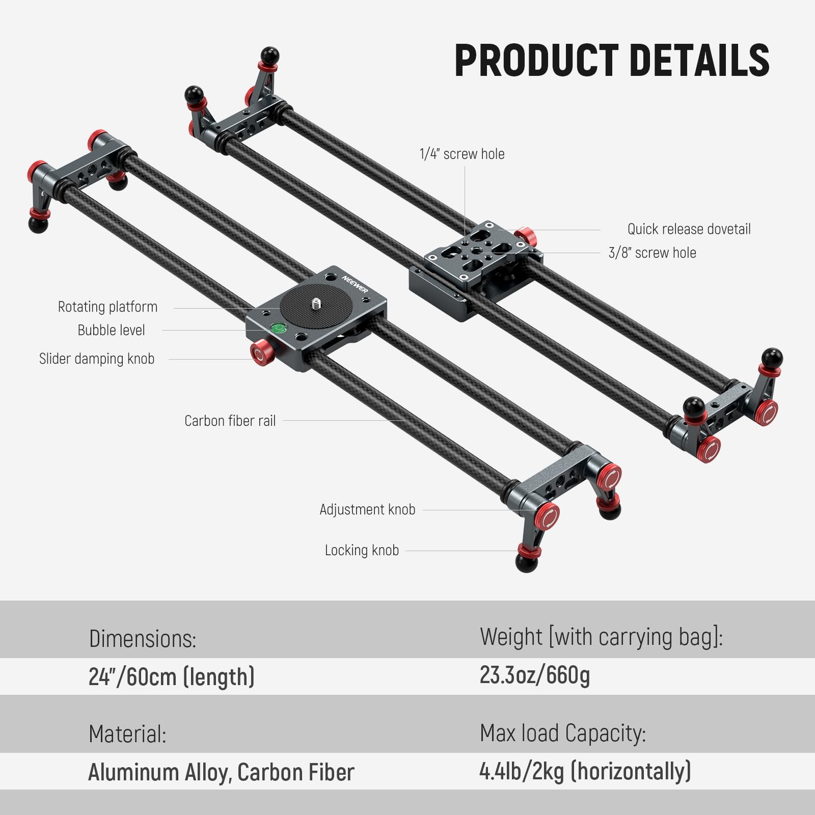 NEEWER - Deslizador de cámara de Fibra de Carbono, 60 cm con rótula de 360 °/Pinza para teléfono/Soporte de cámara de acción, Carril Dolly Rail con 4 rodamientos y pie, Compatible con GoPro Insta360