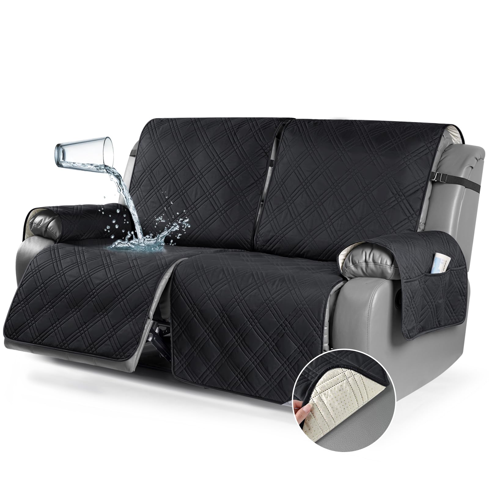 TAOCOCO 100% Waterproof Oversized Loveseat Recliner Cover, Non Slip Split Couch Covers for Reclining Loveseat with Elastic Straps for Kids Pets(Oversized 2 Seater, Black)