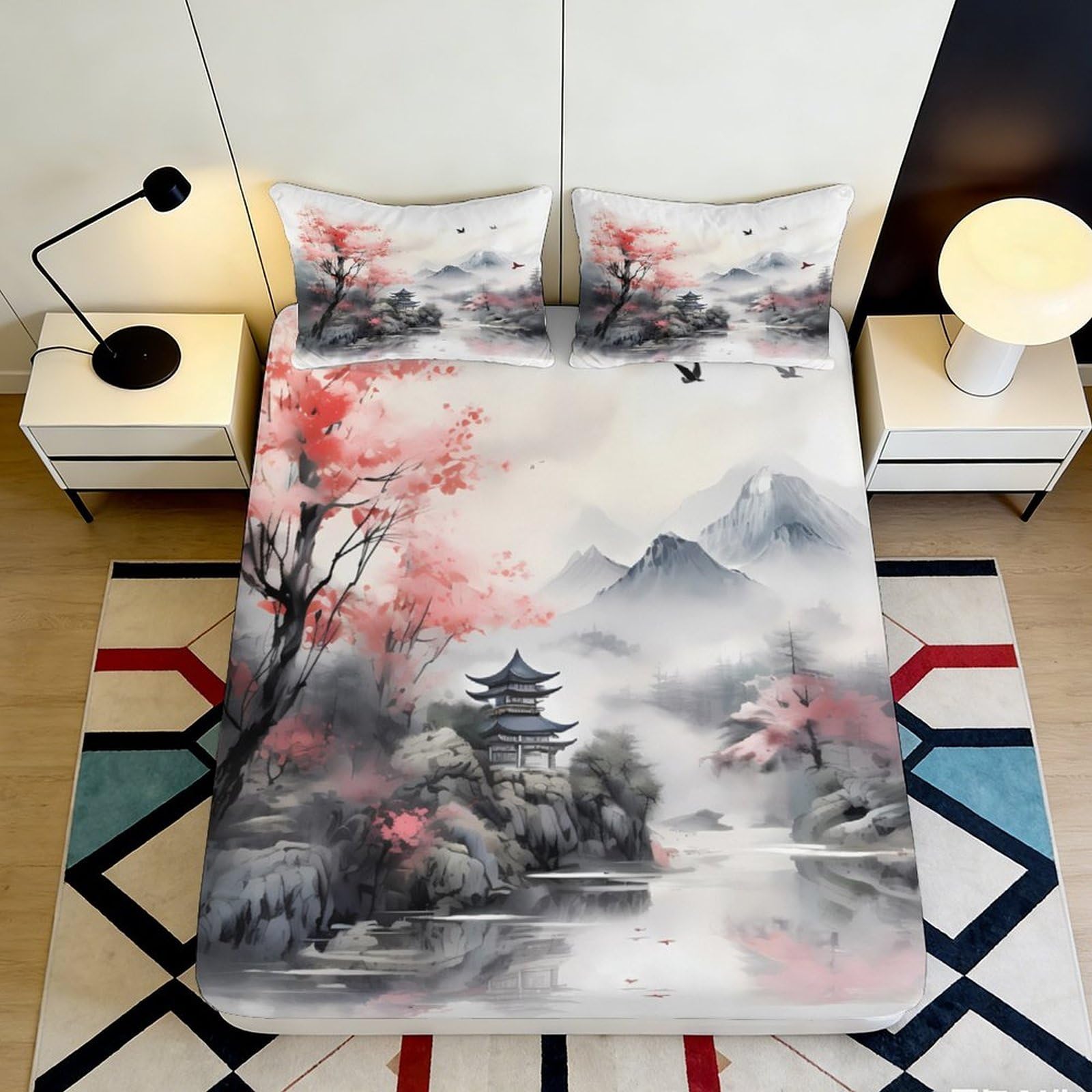 3D Printed Oriental Landscape Fitted Sheet Microfiber Soft Breathable Cherry Blossom Bed Cover for Bedroom Decor 90x200x25cm