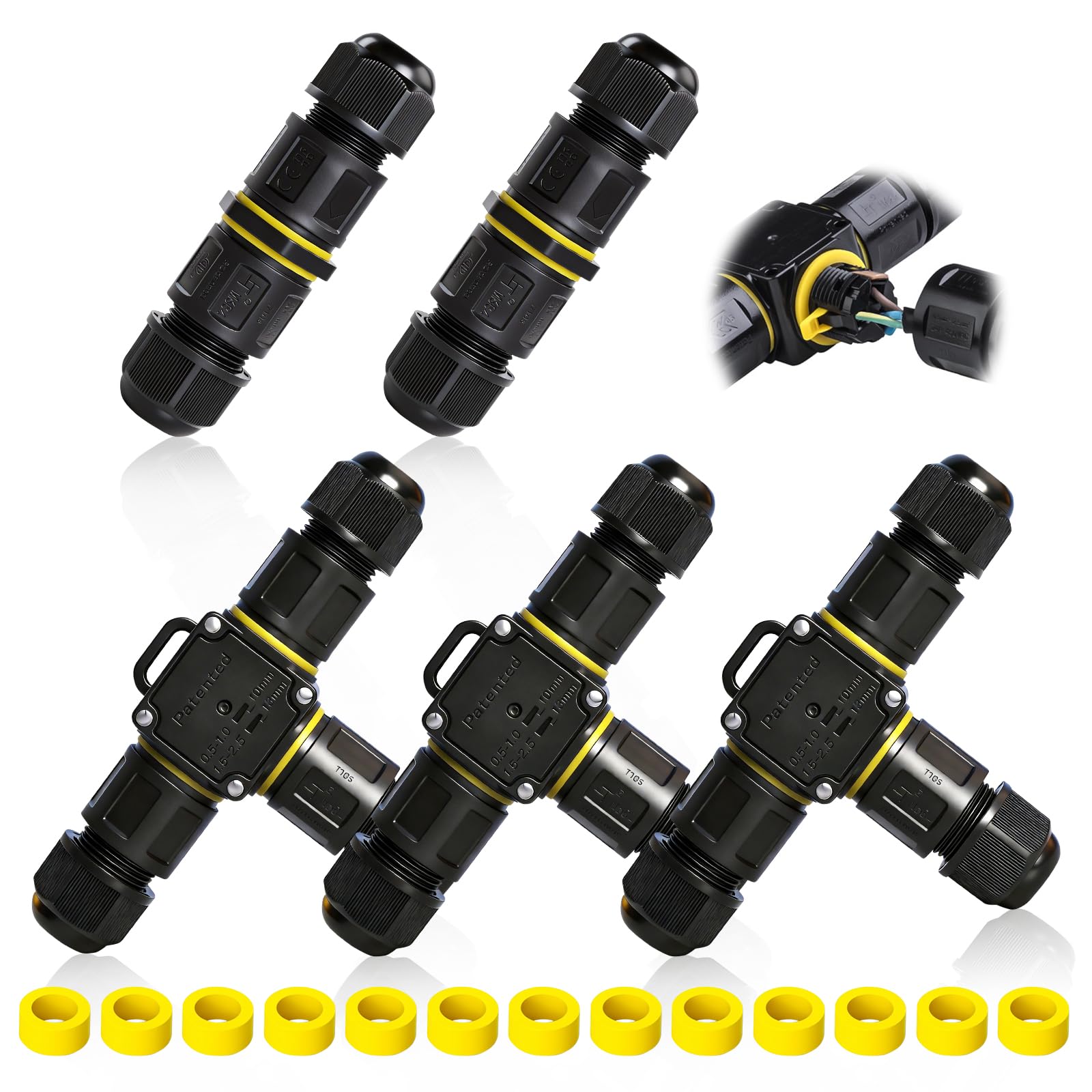 Conector de Cable Estanco IP68,onector de cable impermeable de 4-12 mm de diámetro Conector de cable impermeable de 3 vías, para Jardín, Solar y Cámaras (5 Unidades)