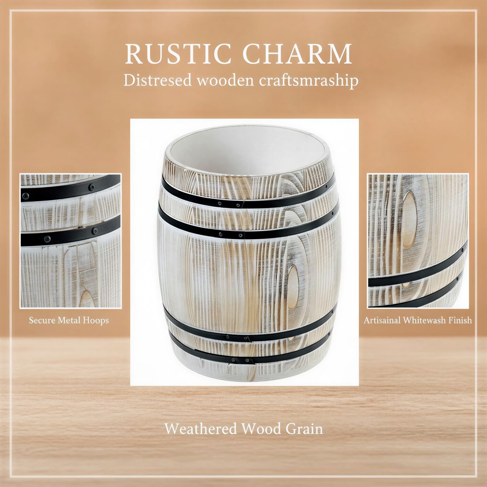 Besteckhalter aus weiß gekalktem Holz, Vintage-Weinkübel-Design, rustikaler Besteckständer für Küchenarbeitsplatten, massiver Holzorganizer im Landhausstil mit schwarzen Metallreifen