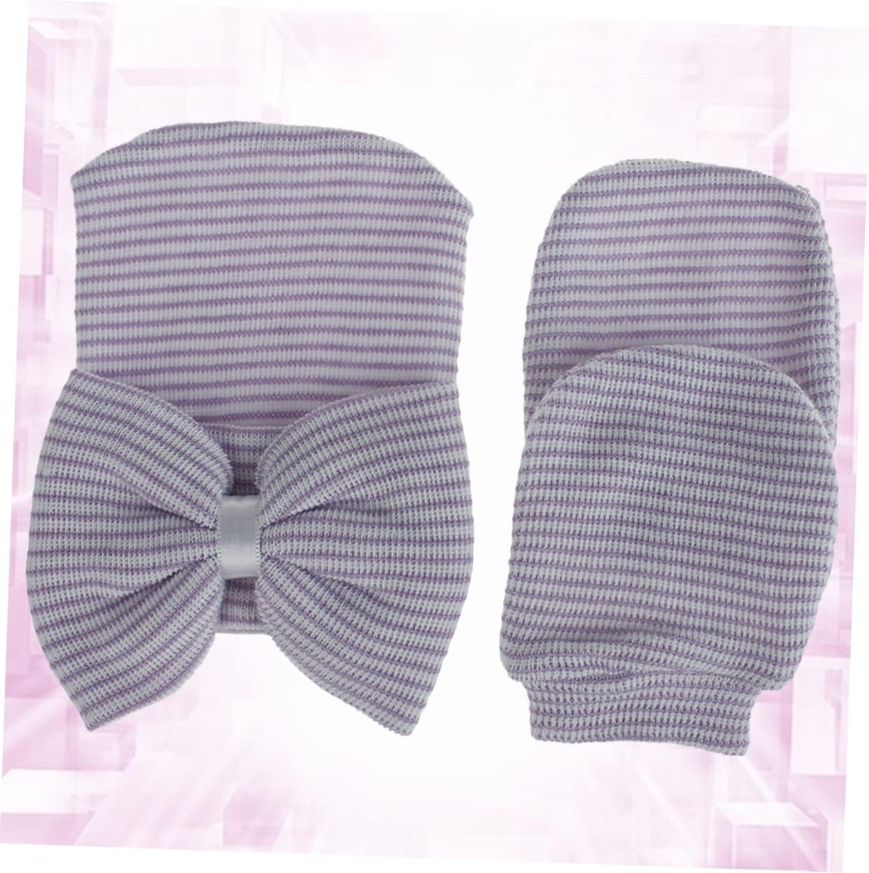 Baby Knit Cap and Glove Set with Big Bow White Yarn