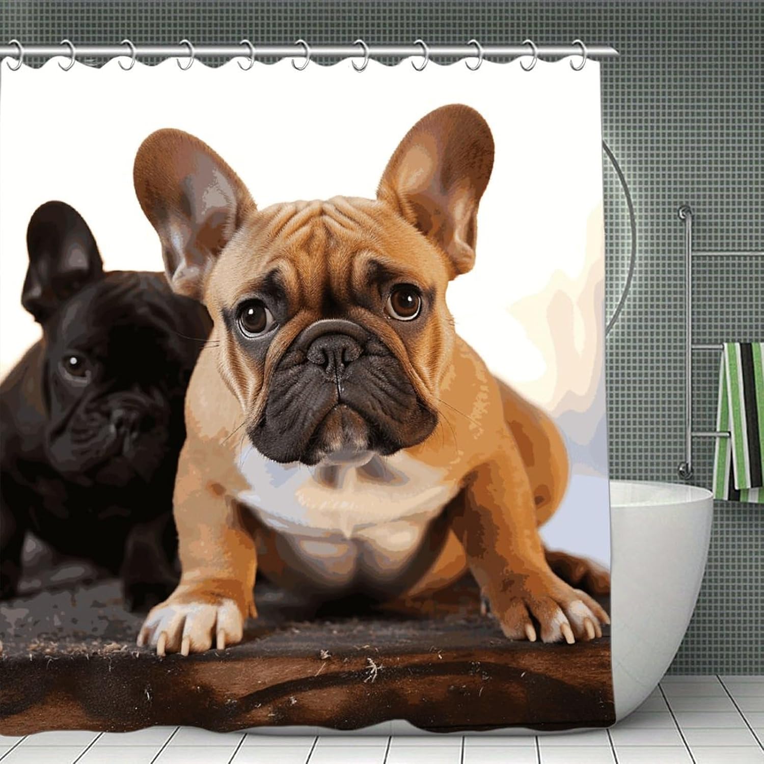 Cute French Bulldog Shower Curtain with Hooks, Personalized Bath Curtain for Home, Washable Shower Liner for Hotel, Reusable Bath Curtains for Apartment, 70.8×70.8 Inches