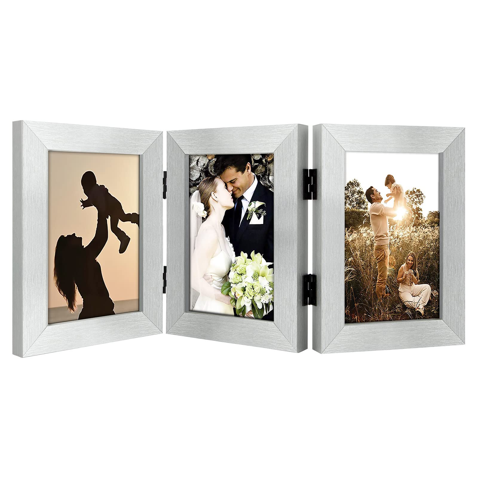 Golden State Art4x6 Three Picture Frame Trifold Hinged Photo Frame with 3 Openings, Desk Top Family Picture Collage, with Real Glass (4x6 Triple, Silver, 1-Pack)
