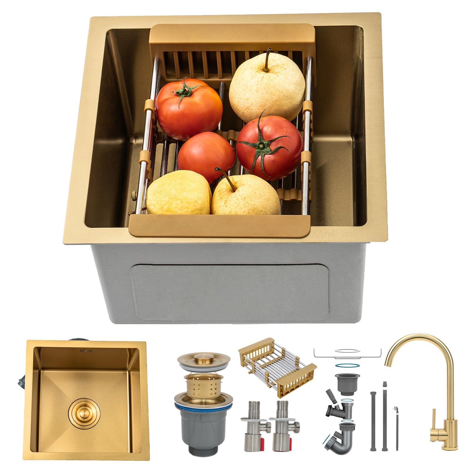 ZQFHSX Gold Stainless Steel Bar Prep Sink with Faucet, Undermount/Drop-in Single Bowl Golden Drain Strainer, Compact Workstation Set, RV & Kitchen Sink(Gold#1,38x38cm)