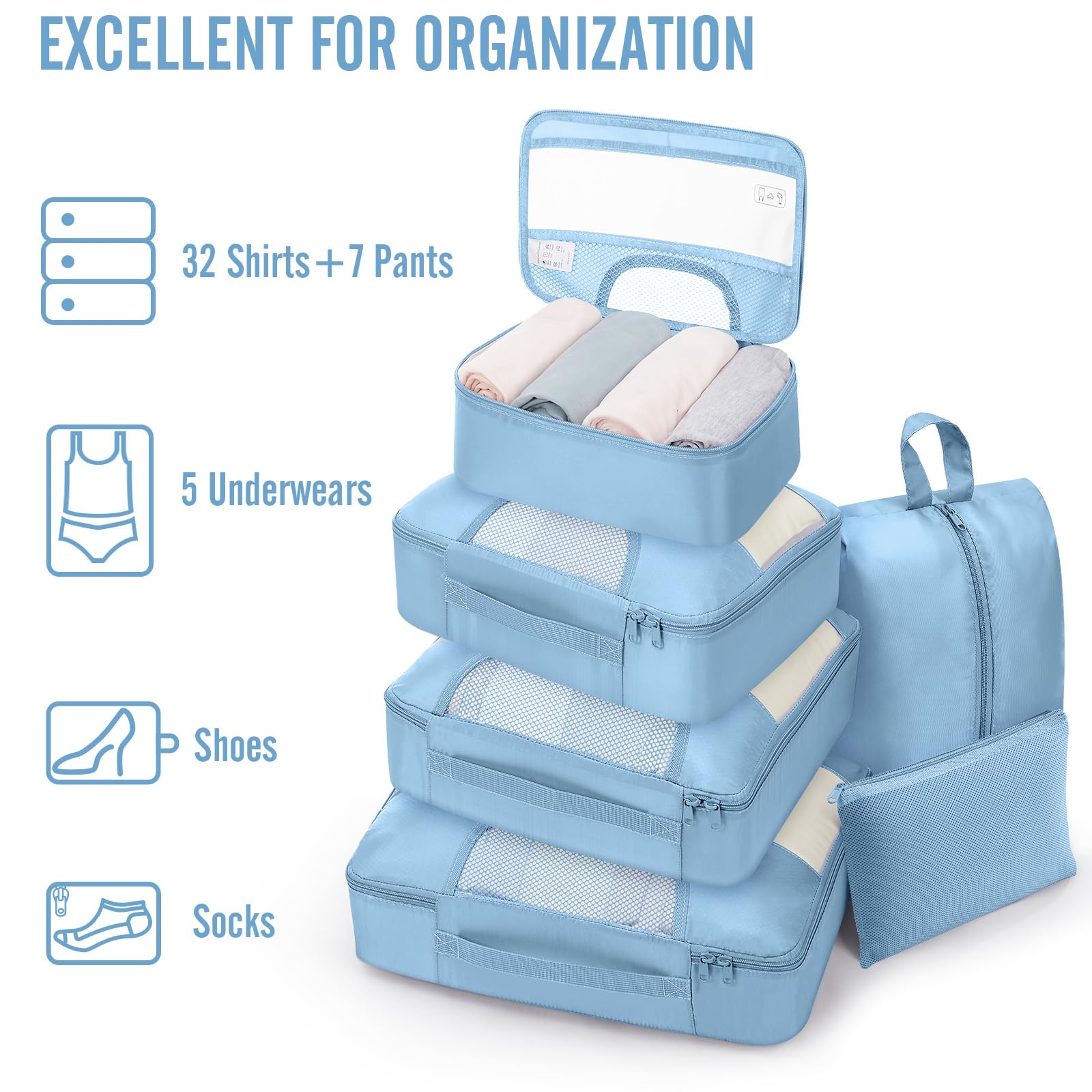 Veken 8 Set Packing Cubes for Travel Essentials,Anti-Wrinkle Buckled Suitcase Organizer for Shoe & Toiletry Bag,Carry On Luggage Bag with 99+ Count Mesh Holes for Airplane & College Dorm Accessories view 5