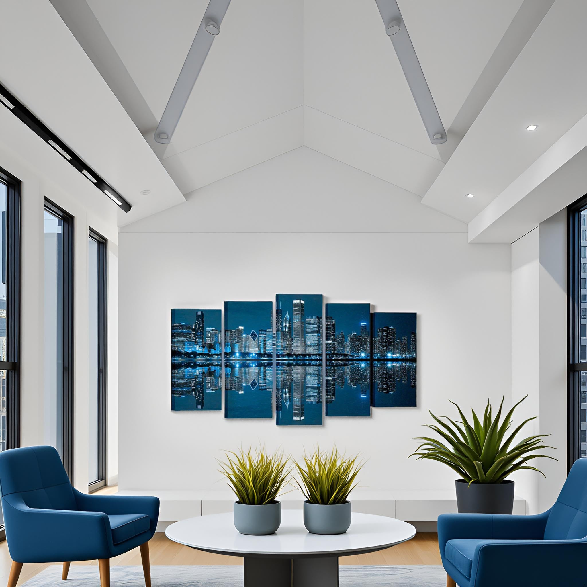 LevvArts Chicago Canvas Wall Art Chicago Skyline Picture Painting Blue City Night Decoration for Office Living Room (Large)