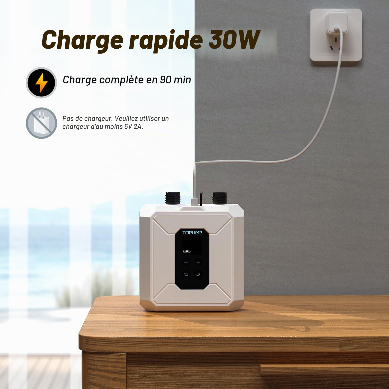 TOPUMP Pompe Électrique pour Paddle sans Fil 20PSI à Batterie | Portable, Rechargeable, gonflage rapide, deux étages, gonflage et dégonflage, arrêt automatique, 7 buses, pour SUP, kayak