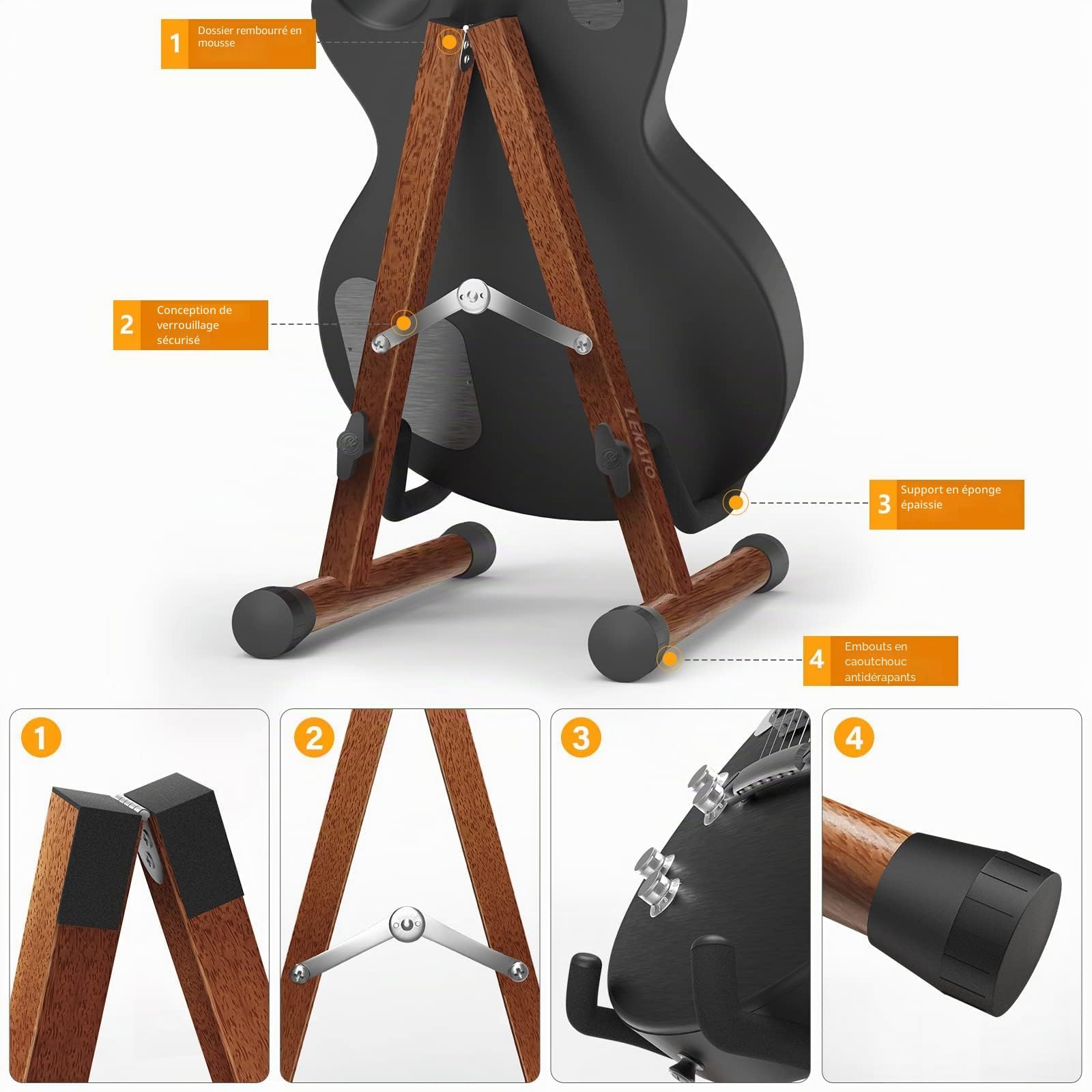 LEKATO Support de guitare A-Frame Support de guitare basse en bois avec rembourrage en mousse pour guitares, basse, violoncelle, banjo, mandoline, ukulélé