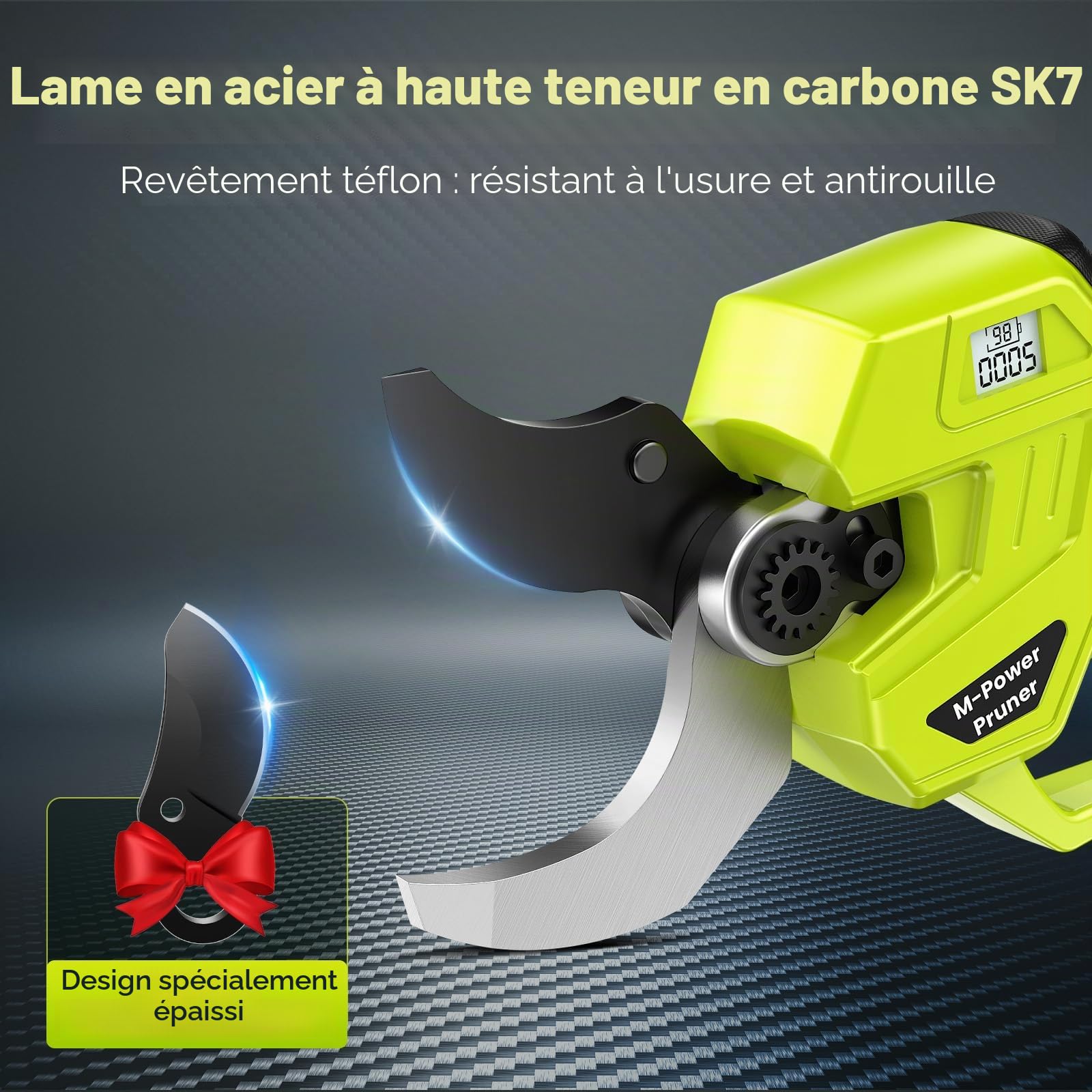 Sécateur Électrique Sans Fil, Ouverture de lame 70 mm & Capacité de coupe 50-60mm, 1200W Secateur Electrique Professionnel avec 4 Niveaux, Écran, 4000mAh Batterie & Lame SK7 tranchante pour Arbres