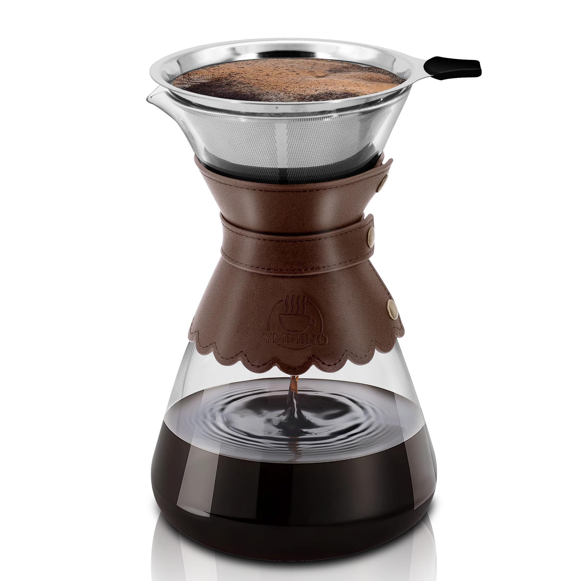 YMMIND34oz Pour Over Coffee Maker with Double Layer Stainless Steel Filter, Borosilicate Glass Dripper, Detachable Heat-Resistant Leather Pad 7-8 Cups Coffee Maker Carafe（Dark brown）