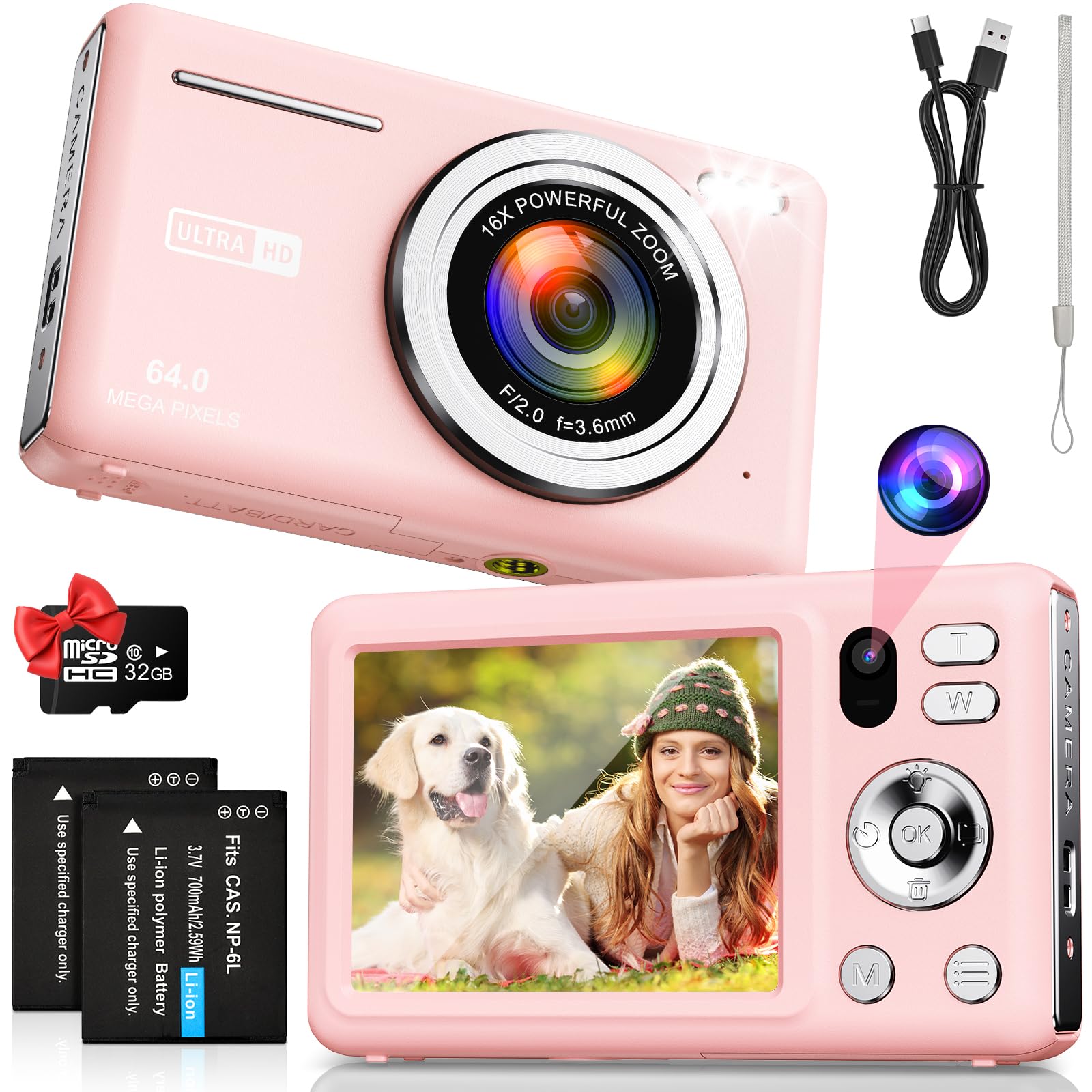 Macchina Fotografica Digitale 64MP 4K Fotocamera Digitale con Doppia Fotocamera, Zoom Digitale 16X, Macchina Digitale Compatta con Scheda da 32GB per Bambini Studenti Principianti (Rosa)