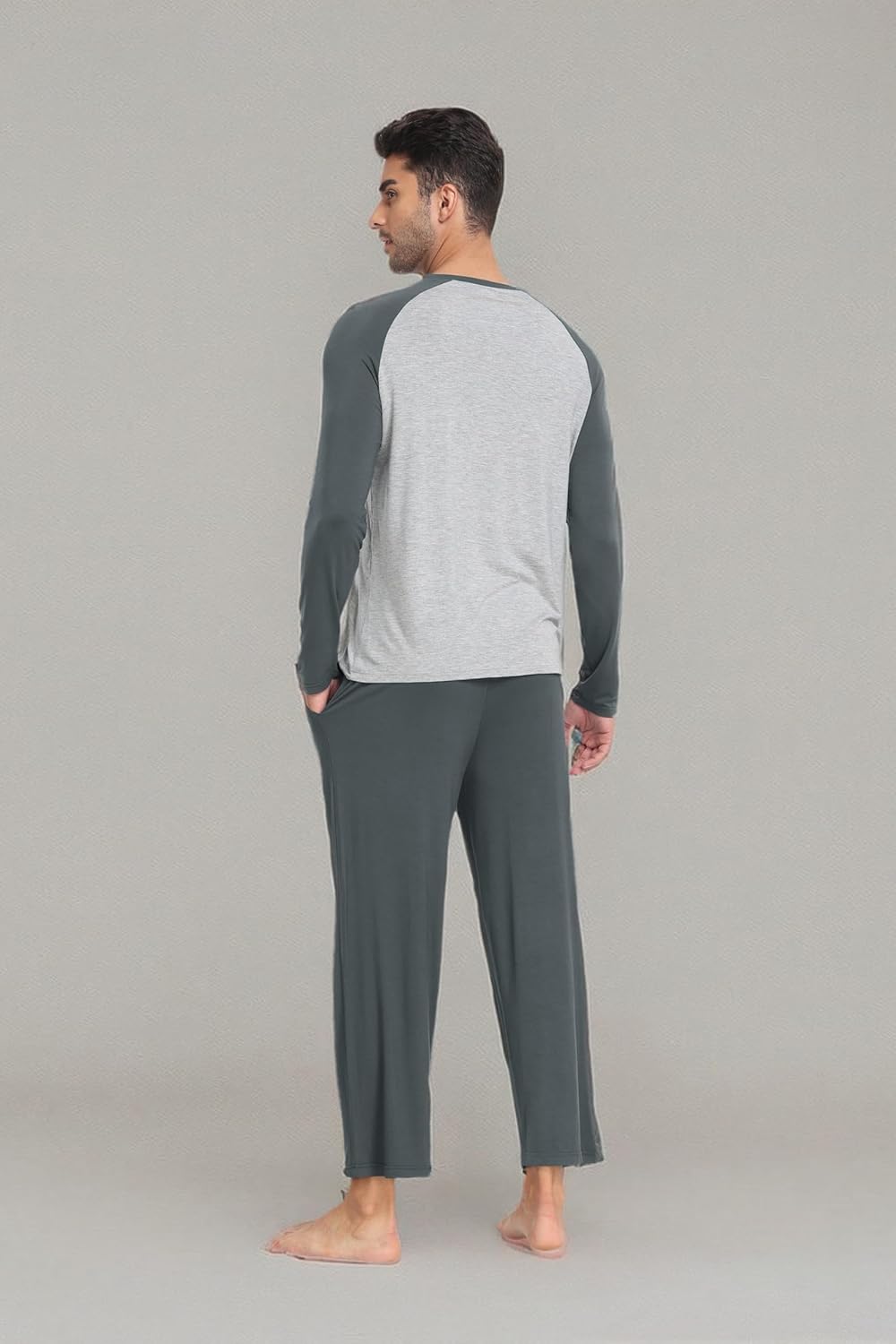 MoFiz Mens Pajama Sets Comfy Long Sleeve Sleepwear Top Solid Pyjama Pants with Pocket 2 Piece Loungewear PJs Sets for Men - Image 7