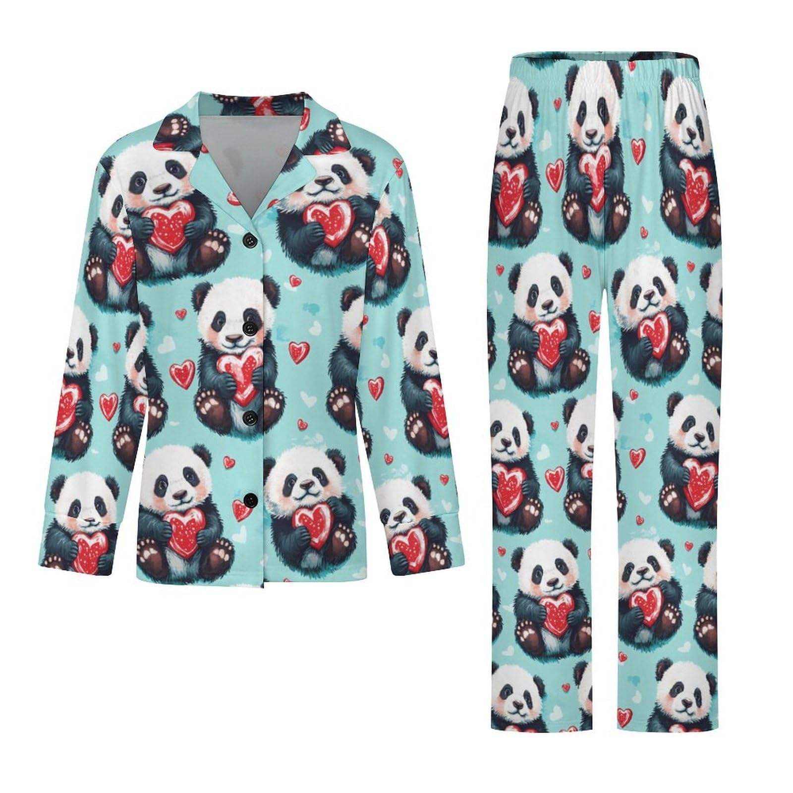 Cute Pandas Hearts - Conjunto de pijama para mujer, cuello en V, manga larga, pantalones y pantalones cómodos, ropa de dormir suave