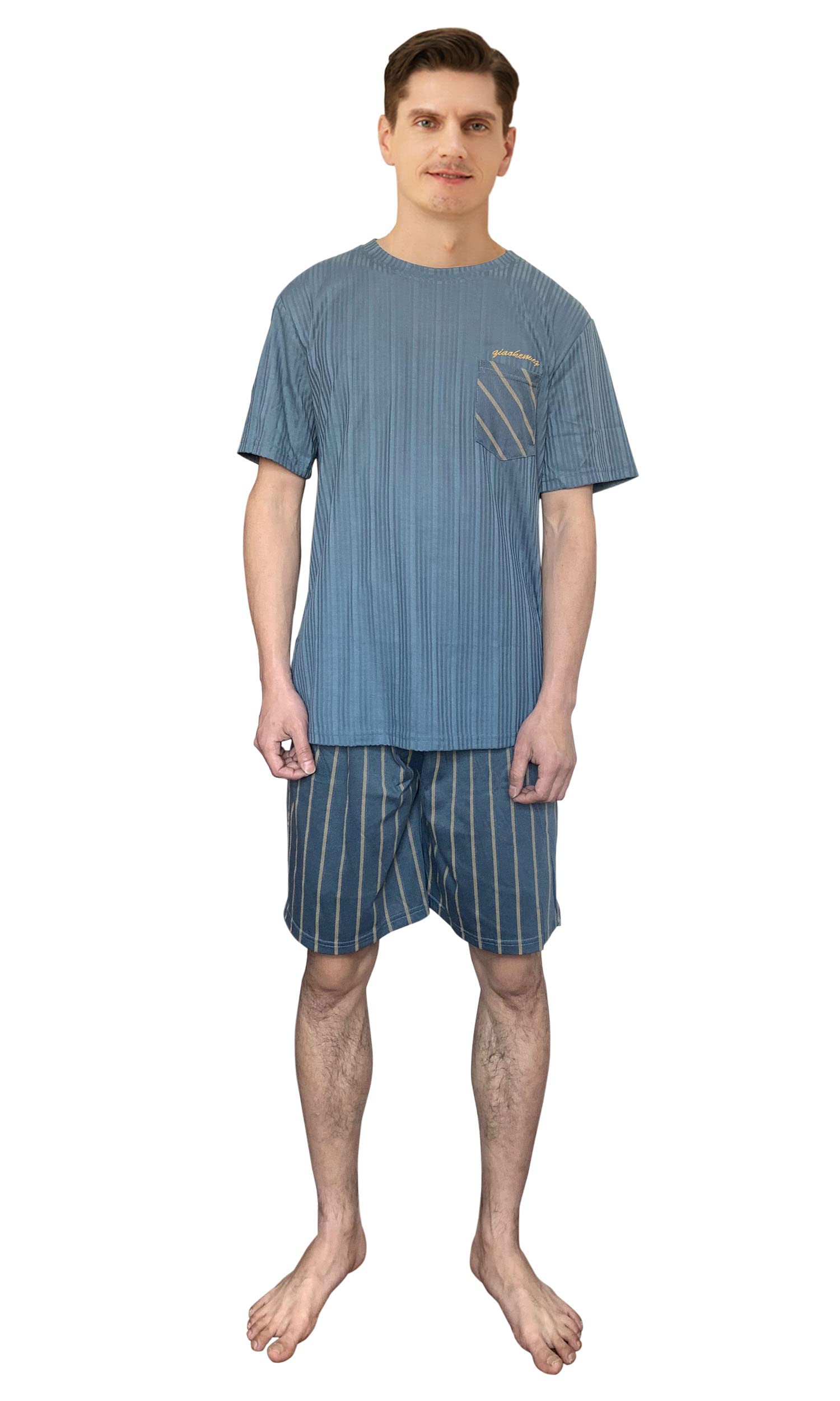 Mens Short Striped Pyjama Set Cotton Men Pyjamas Set Summer Loungewear Sleepwear Striped Top and Bottoms Shorts Nightwear