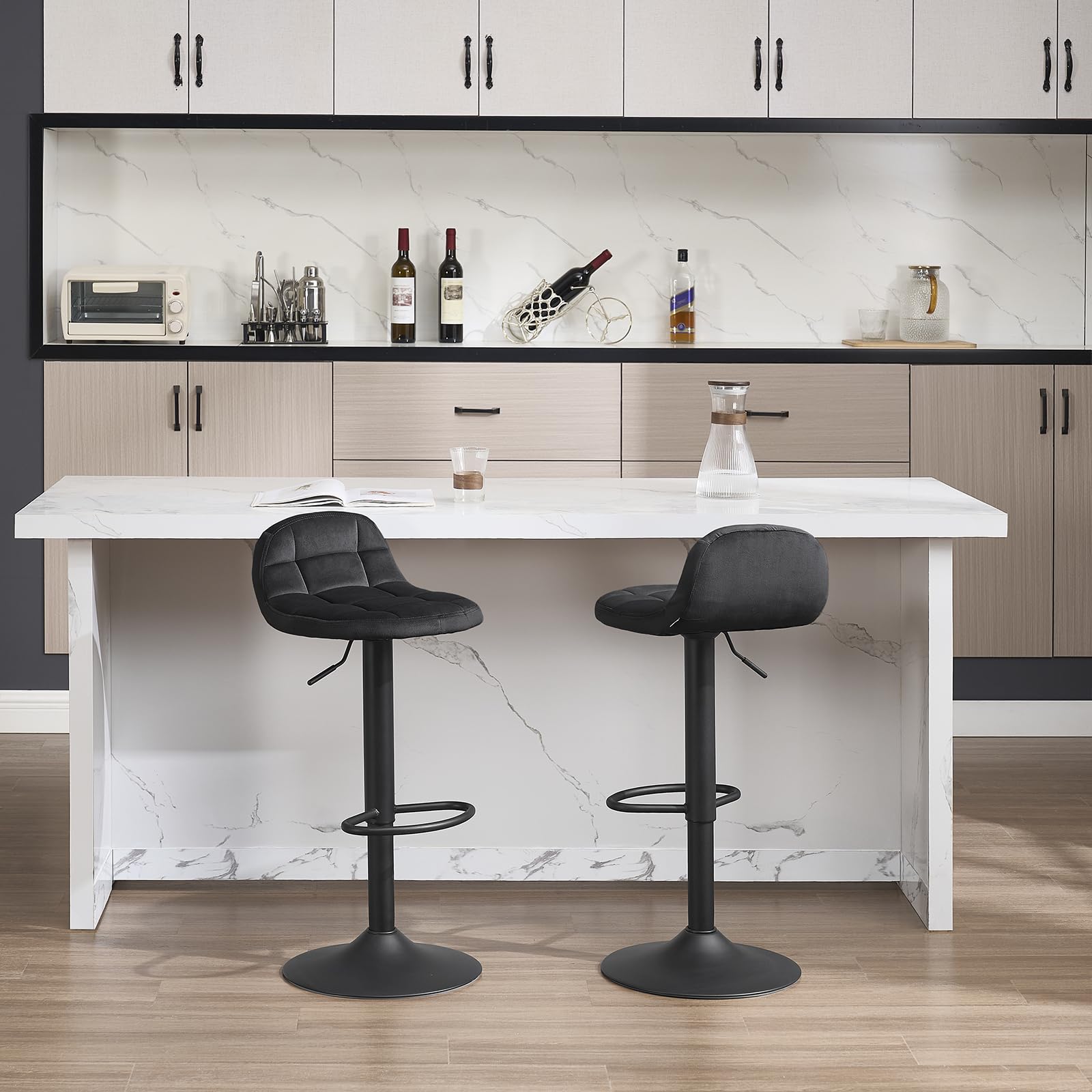 Lot 2 Tabourets Bar Velours WOLTU - Pivotants 360° Avec Dossier Et Repose-Pieds