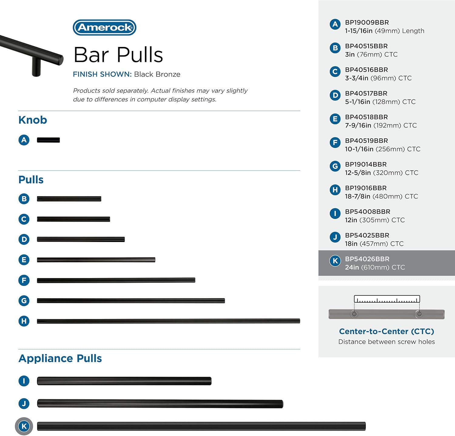 Amerock BP54026BBR | Black Bronze Appliance Pull | 24 inch (610mm) Center-to-Center Cabinet Handle | Bar Pulls | Furniture Hardware