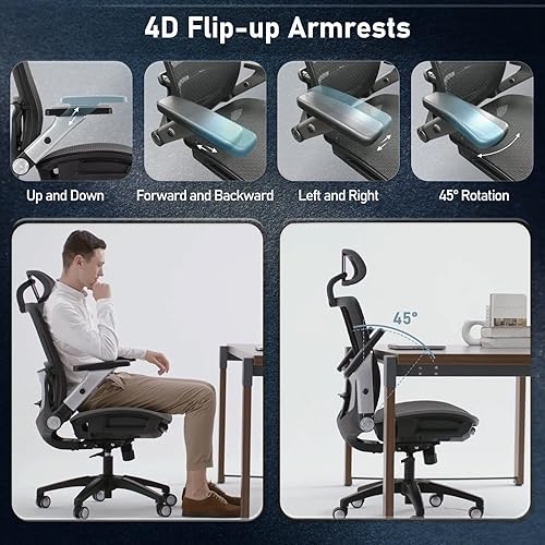 Miniatura 5 de Silla de oficina ergonómica de malla con reposapiés, silla ejecutiva de escritorio de computadora con respaldo alto y soporte lumbar ajustable,