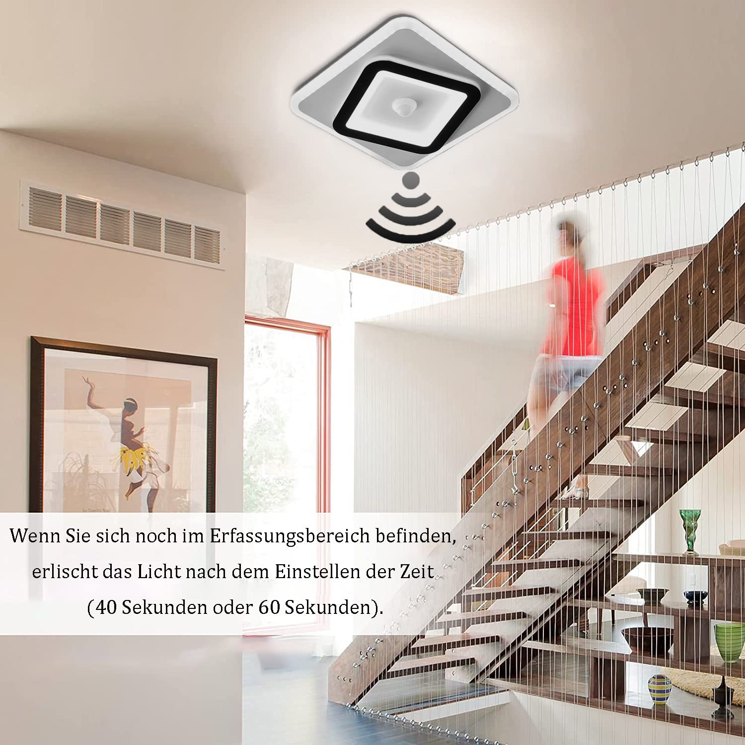 Plafón LED con detector de movimiento interior 30W pasillos recibidor balcón entrada escalera plafón lámpara con sensor ultrafino 6000K Luz blanca fria sensor de luz iluminación de techo Ø22cm