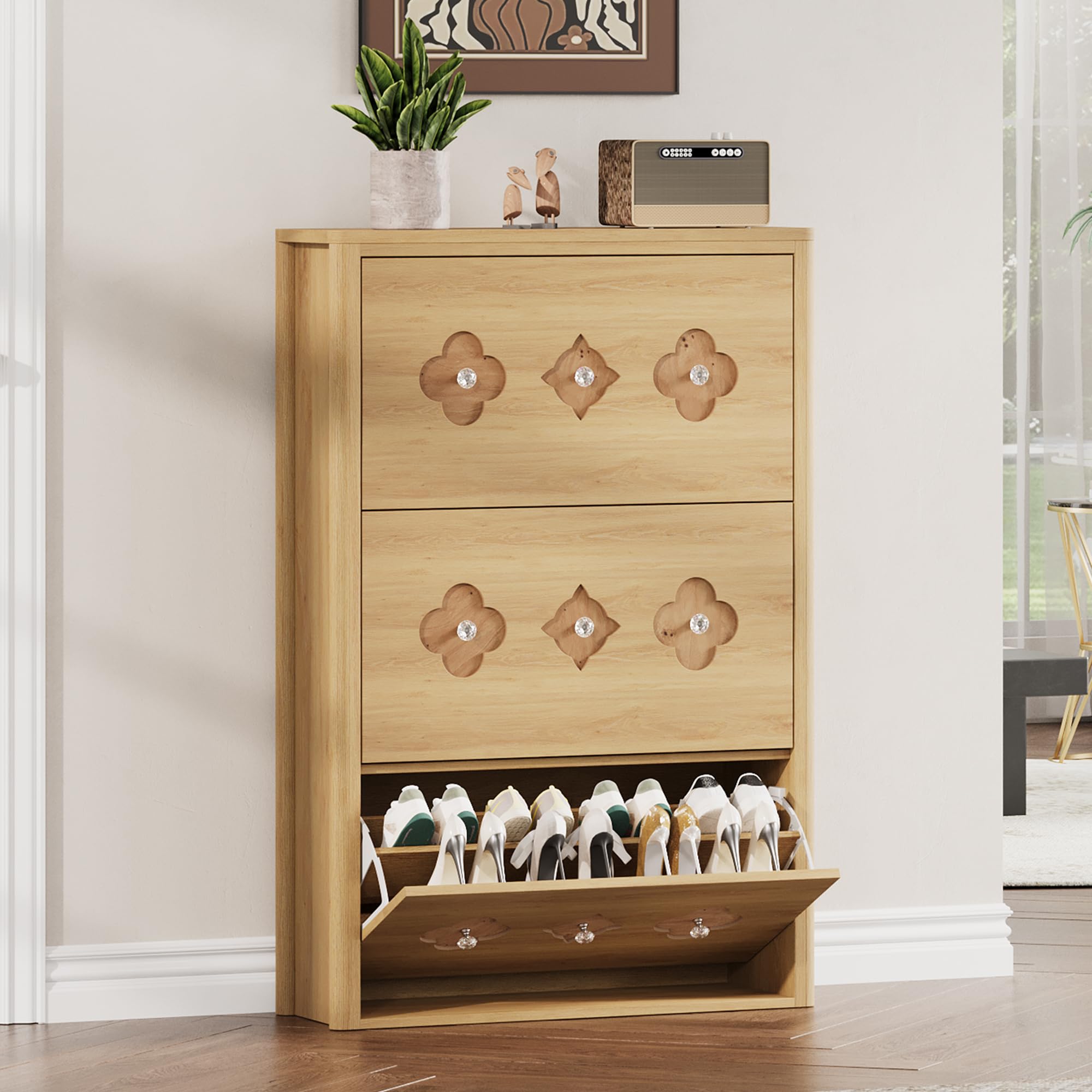 GarveeHome Shoe Storage Cabinet with 3 Flip Drawers, Narrow Wood Shoe Organizer Cabinet with Floral Pattern, Freestanding Slim Shoe Rack Cabinet with Adjustable Shelves, for Entryway, Hallway, Natural