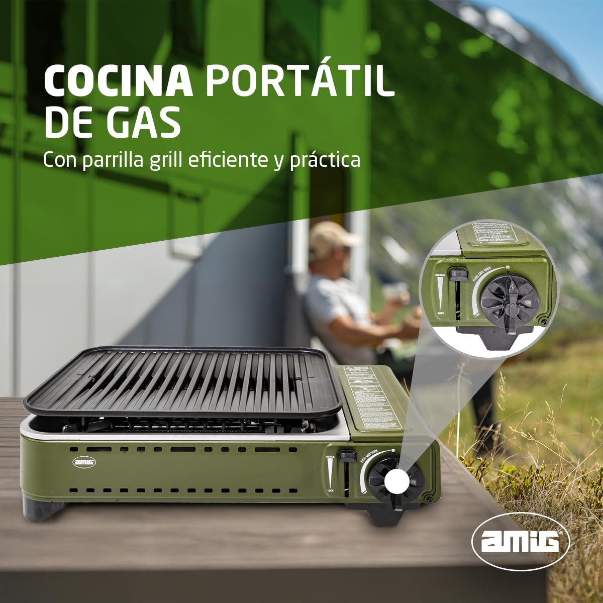 Amig - Camping Gas - Cocina Portátil - Hornillo Grill - Parrilla De Fundición De Aluminio - Con Bandeja Recoge Grasas De Acero Inoxidable - 1,8 Kw Potencia - Cartuchos B-250