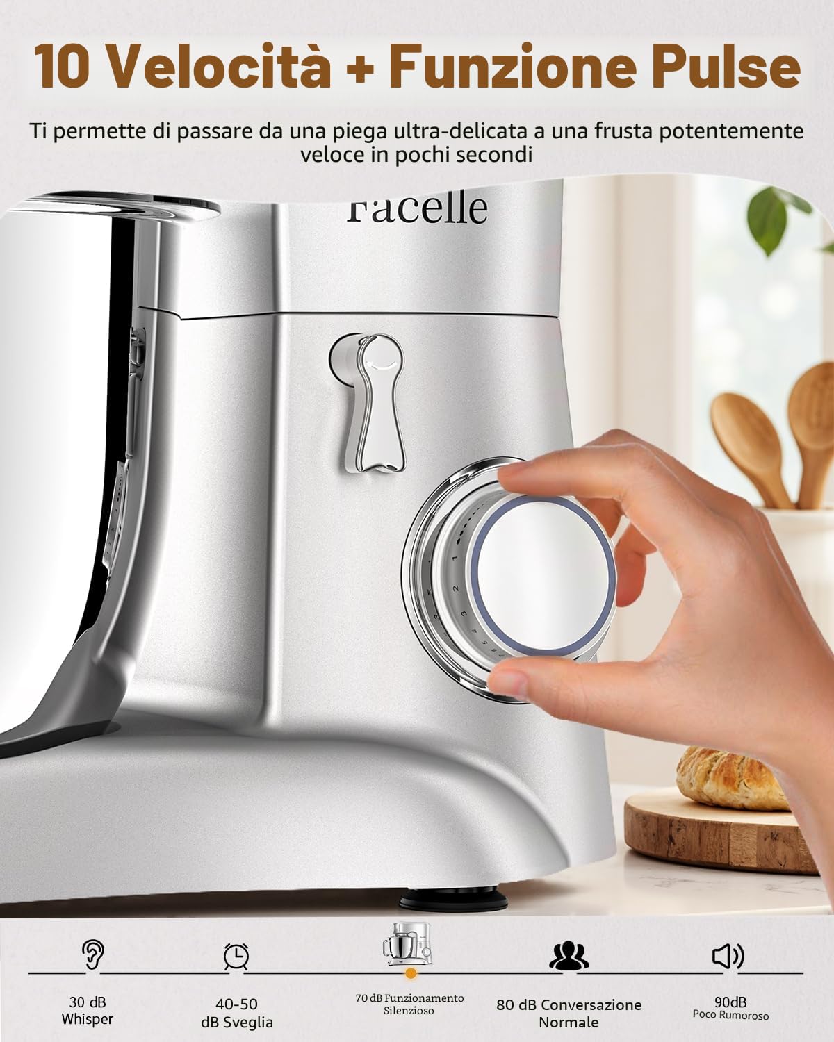 Facelle Impastatrice Planetaria, 1300W, 6,5 Litri Ciotola in Acciaio Inox, 10 Velocità, Pulse, Robot Da Cucina Multifunzione, Pane, Pizza e Dolci