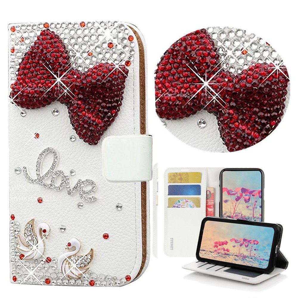 STENES iPhone 6S Plus Case - Stylish - 3D Handmade Bling Crystal Bowknot Swan Design Wallet Credit Card Slots Fold Stand Leather Cover Case for iPhone 6 Plus/iPhone 6S Plus - Red