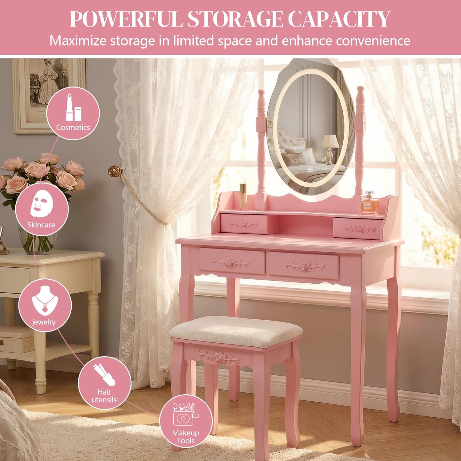 Majnesvon Wooden Dressing Table, Princess Vanity Desk with Mirror & Cushioned Stool, Light Modes, Make Up Vanity Desk with 4-Drawer for Girls' Bedroom (Pink with Mirror)