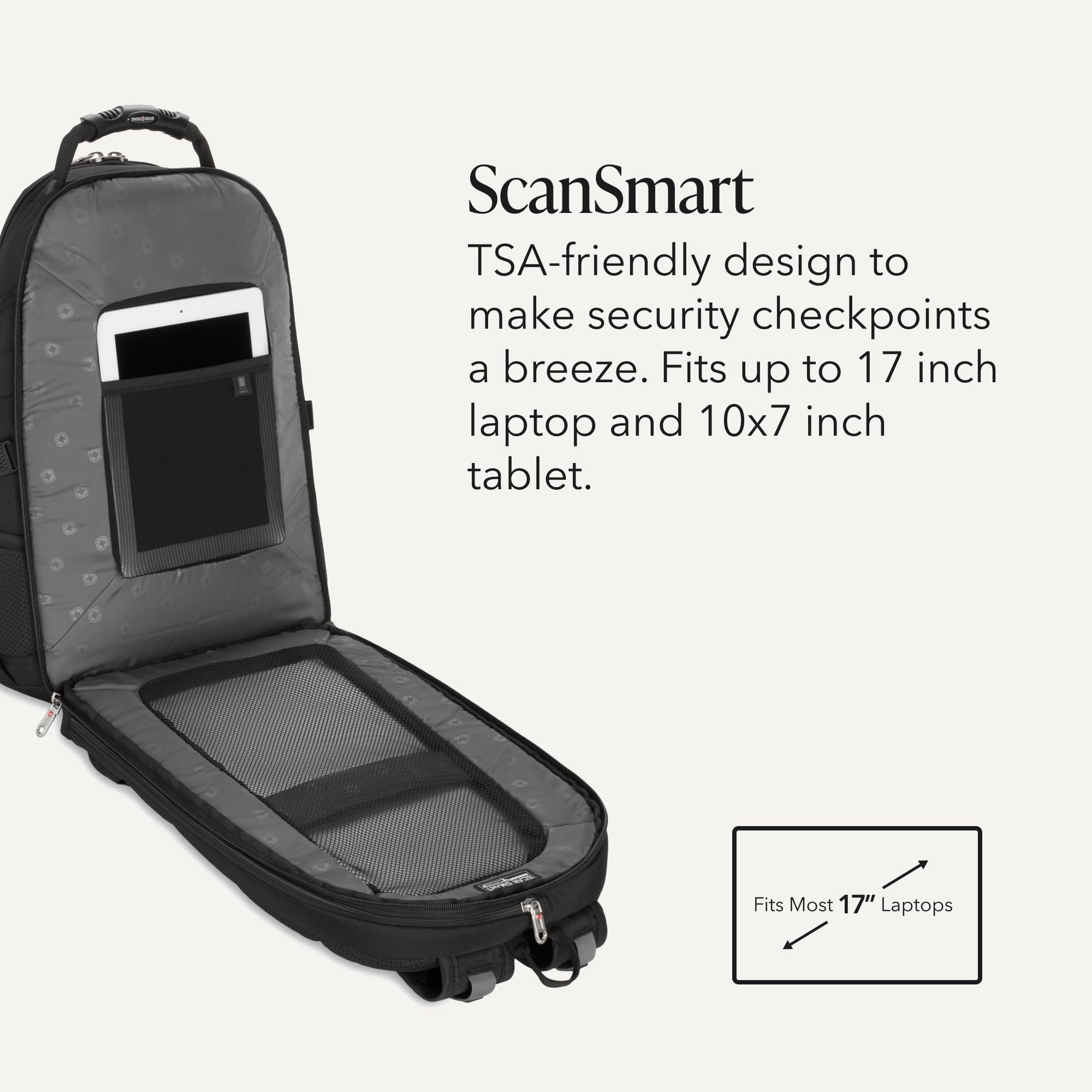 SWISSGEAR 1900 ScanSmart Laptop Backpack, Fits Most 17-Inch Laptops, TSA-Friendly Lay-Flat Design, RFID Protection, and Tablet Pocket, Black, 31L view 3
