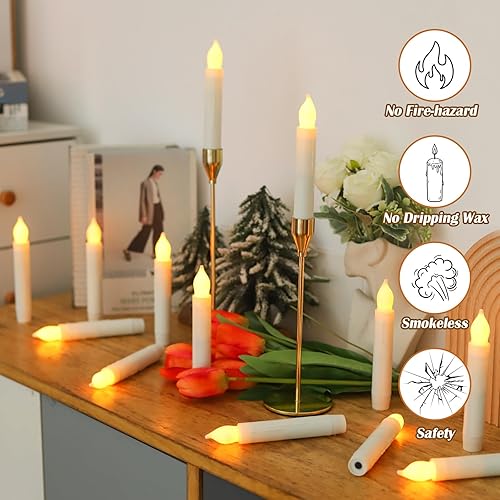 Miniatura 9 de Lezonic Candelabros sin llama que parpadean con pilas, 12 unidades (diámetro 0.8 pulgadas x alto6 pulgadas), velas LED blancas cortas para colgar