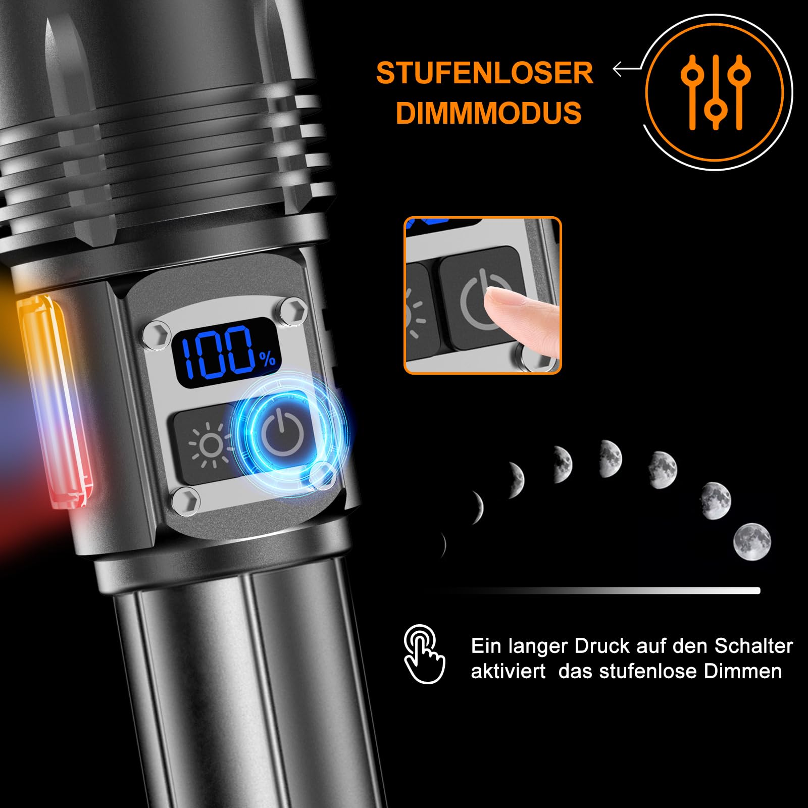 Relybo LED Zaklamp Oplaadbaar - Extreem Helder 600.000 Lumen, Traploos Dimmen, UV Blacklight & LCD Display - Krachtige Tactische Zaklamp Voor Camping, Noodsituaties En Outdoor
