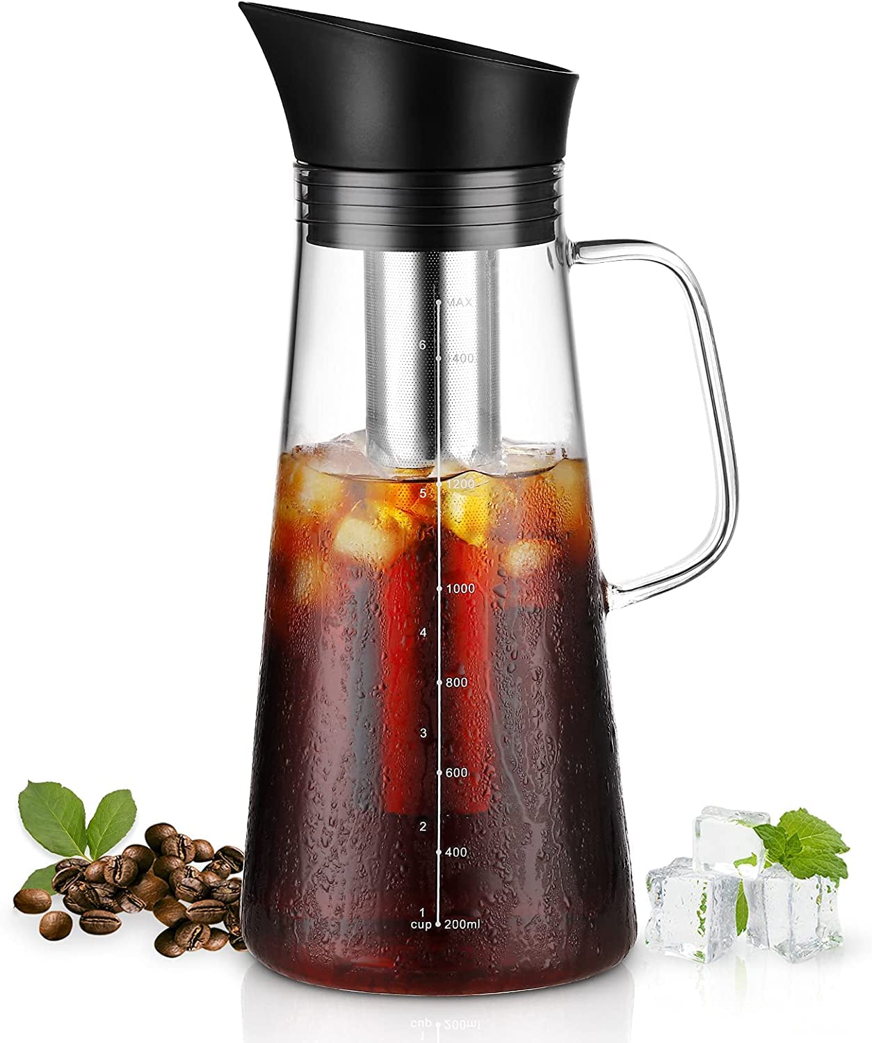 MIXDE Cold Brew Coffee Maker, 1.5L/50OZ Iced Tea & Coffee Cold Brew Maker Glass Pitcher with Lid Iced Tea Pitcher Cold Brew Pitcher with Removable Stainless Steel Filter for Coffee, Tea,Juice