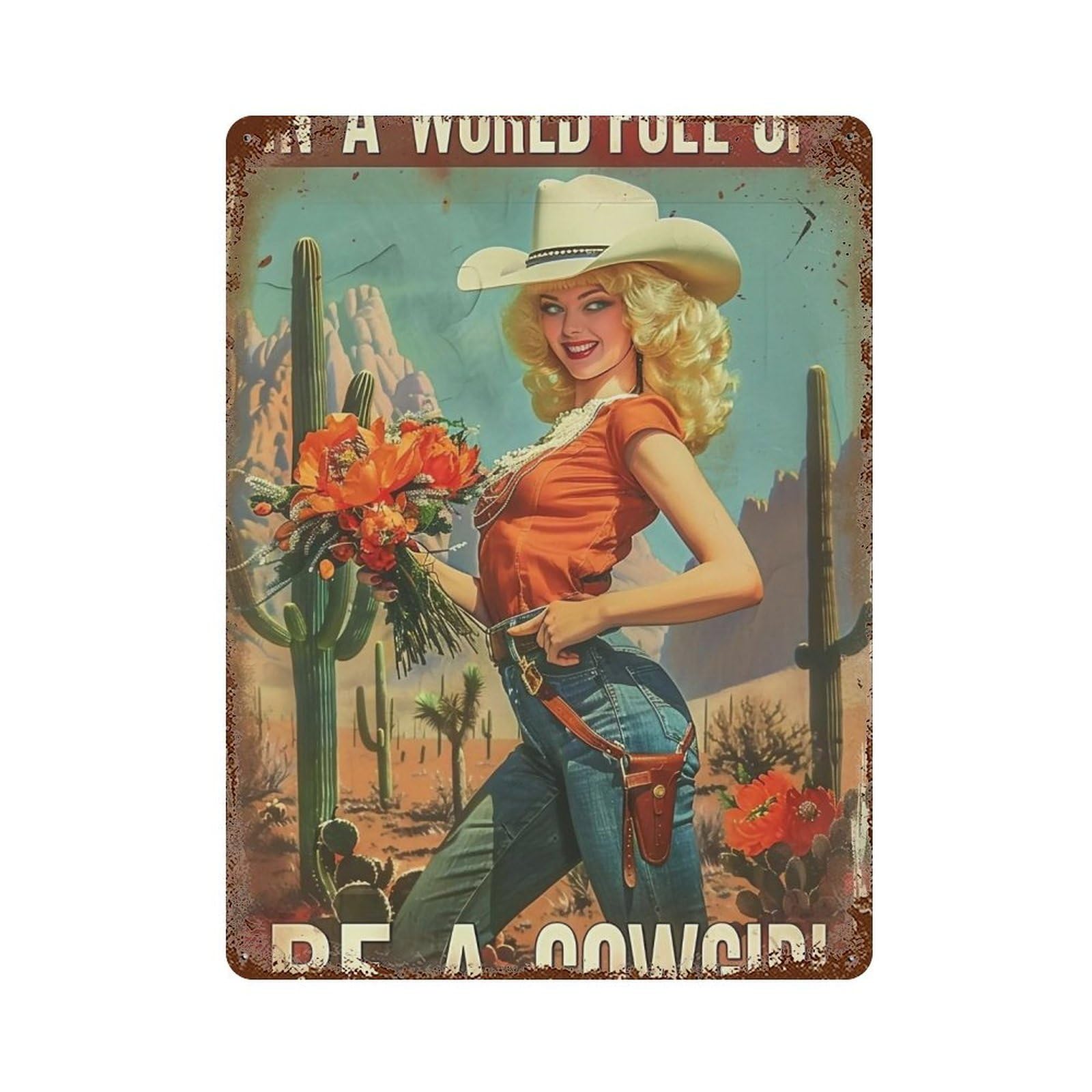 FHUYEURHRY Cowgirl Pin Up 04 Wall Decor Retro Iron Vintage Art Metal Tin Sign Poster Modern Home Cofffee Club Art Bar Shop Decorations Style 40x30cm