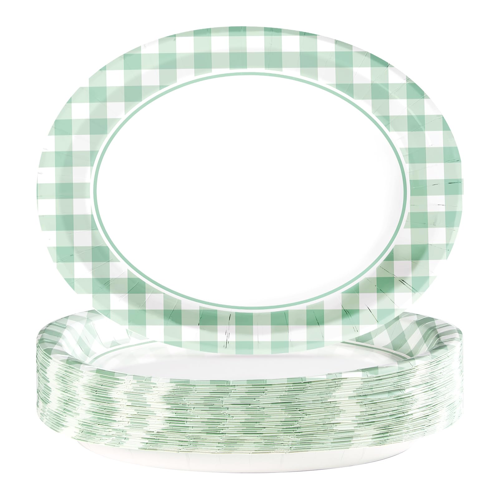 Grencian 50 Pcs Gingham Party Supplies 10"x12" Large Sage Green Gingham Oval Plates Disposable Heavy Duty Green and White Checkered Plaid Paper Plates