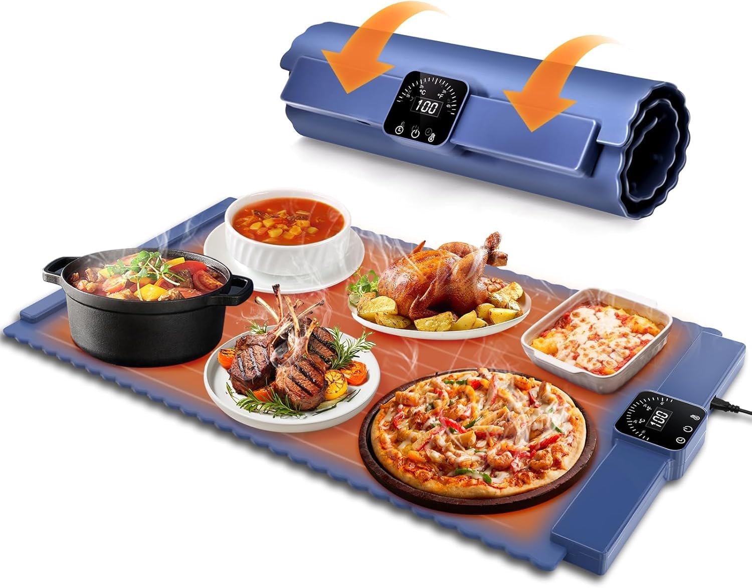 SEAHELTON Food Warming Mat – Roll Up Food Warmer with Fast & Even Heating, Premium-Grade Silicon Material, 5 Temperature Settings, Auto Shut-Off - Versatile Food Warmers