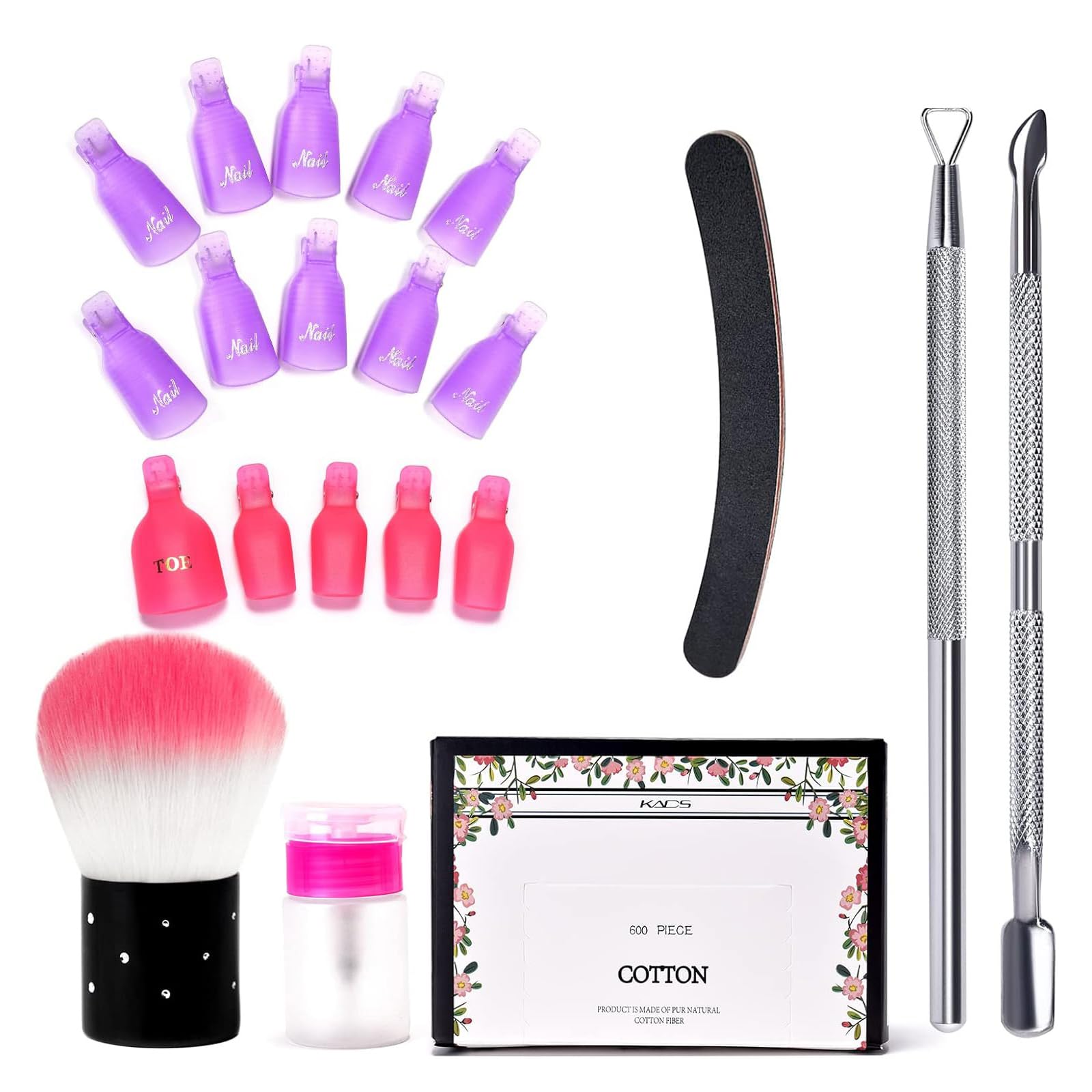KADS Nail Polish Gel Remover Tools Kit Finger and Toe Nail Clips Cuticle Pusher Nail Peeler Nail Dust Brush Pump Bottle Nail Remover Pads 600Pcs Nail File Grits 100/180 5pcs