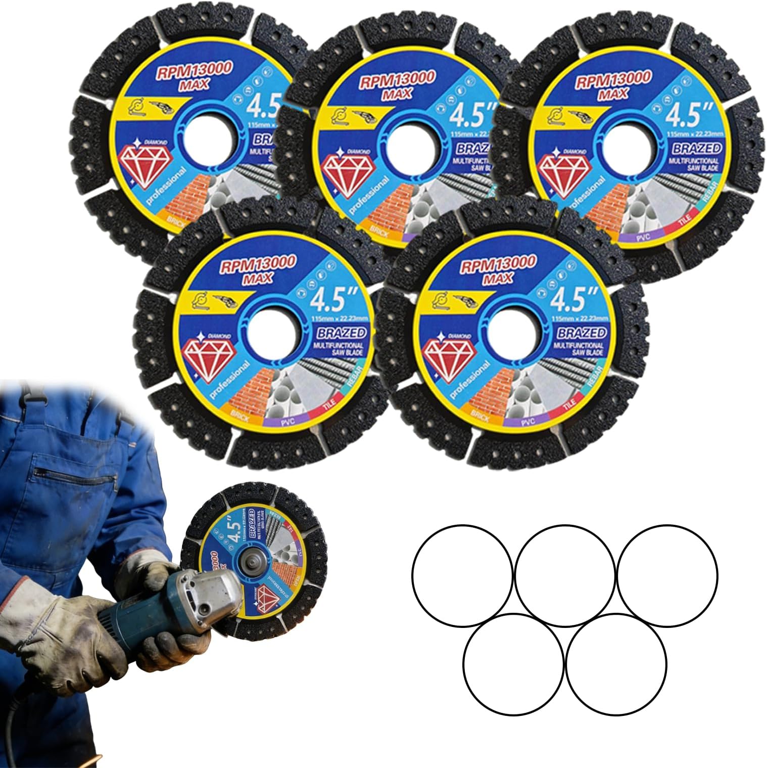 5 Pack Diamond Multi-Purpose Saw Blades, 4.5" Diamond Blade for Angle Grinder, Versatile Cutting Disc for Cutting Tile, Marble, Quartz, Stone, Metal & Plastic, Wet or Dry Use