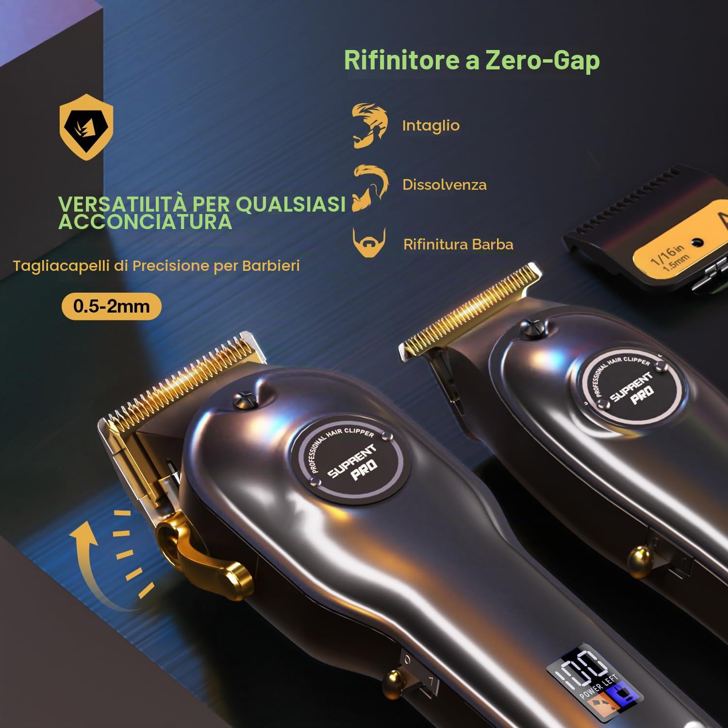 SUPRENT® Tagliacapelli professionale da uomo, kit di taglio di capelli e tagliacapelli a lama a T Zero Gap, set di trimmer per barbiere senza fili con display a LED (Nero)