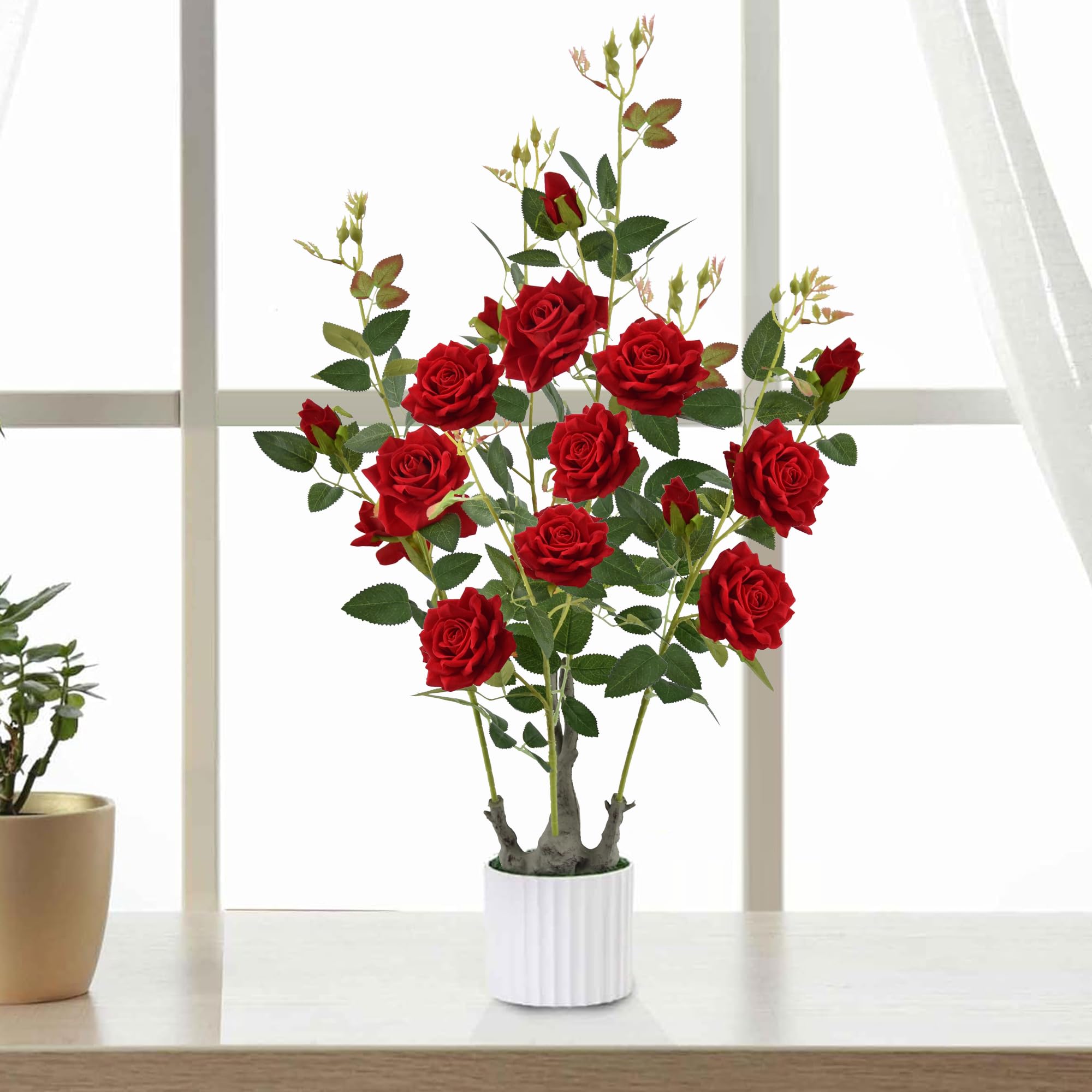 ローズツリー　造花　赤　薔薇 Amazon｜人工ローズツリー、レッドシルクローズフラワー15個、35インチ