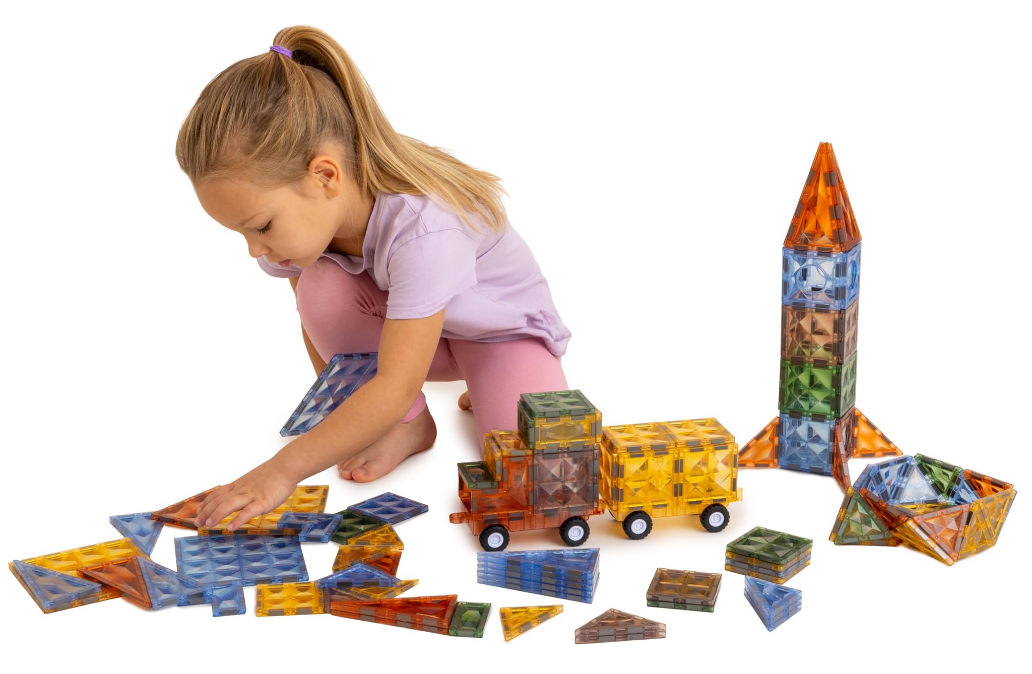 Magnetyczne Klocki Konstrukcyjne, Magic Magnetic Blocks 100 Elementów, Natularna Kolorystyka, Zestaw z Podwoziami, dla Dzieci 3+