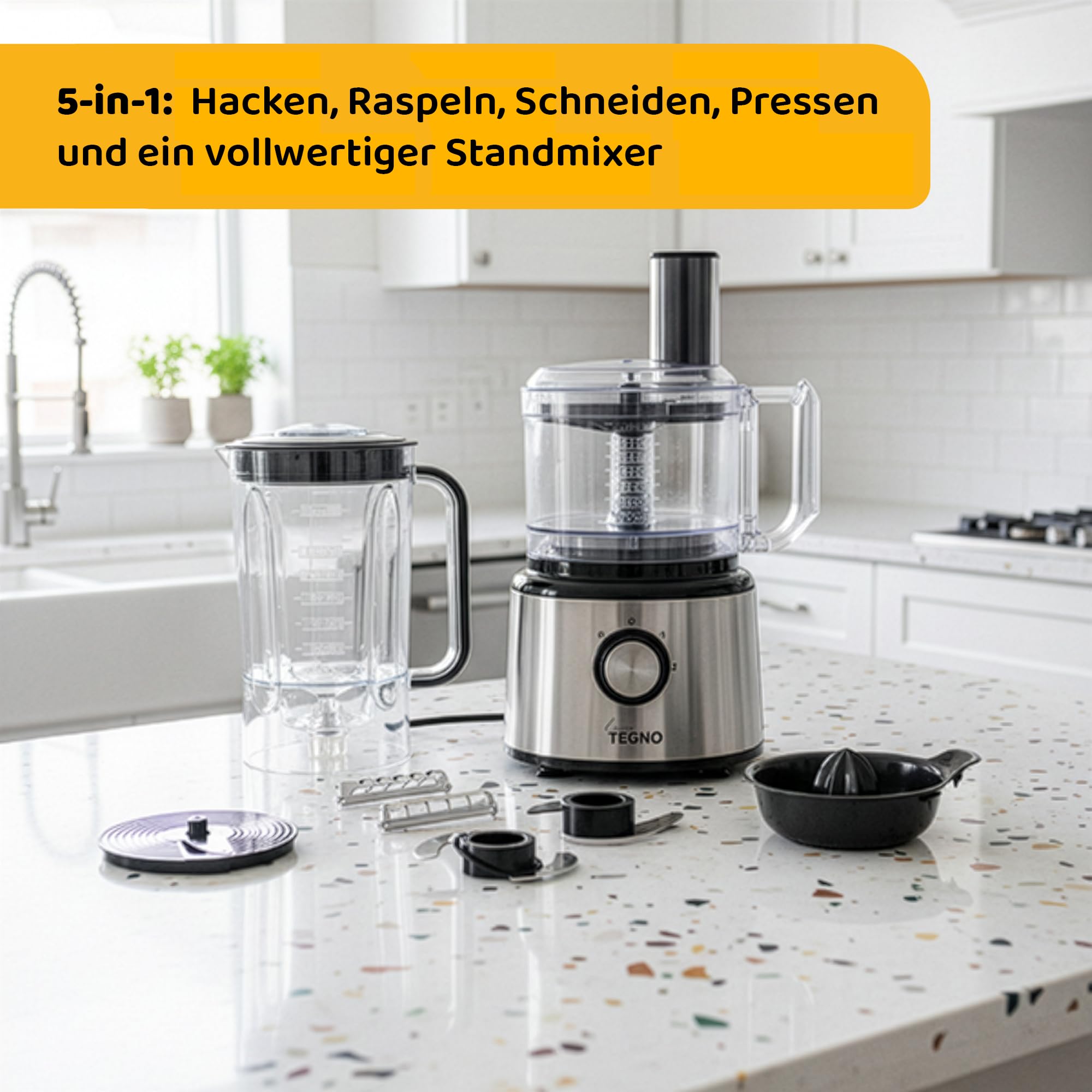 Food Processor - Linea Tegno – Multifunktionale 5-in-1 Küchenmaschine aus Edelstahl – Zum Hacken, Raspeln, Schneiden & Mixen – 2,3L Schüssel & 2,7L Standmixer, Zitruspresse – BPA-frei