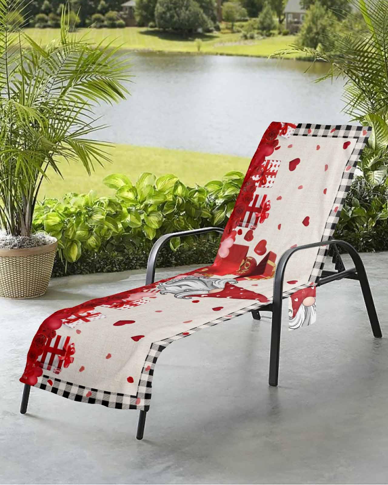 Valentine's Day Beach Chair Towel Covers for Chaise Lounge with Side Pocket, Soft Plush Pool Towels Cover for Patio Sunbathing Outdoor 29''x85'' Red Love Heart Gnomes Plaid Black