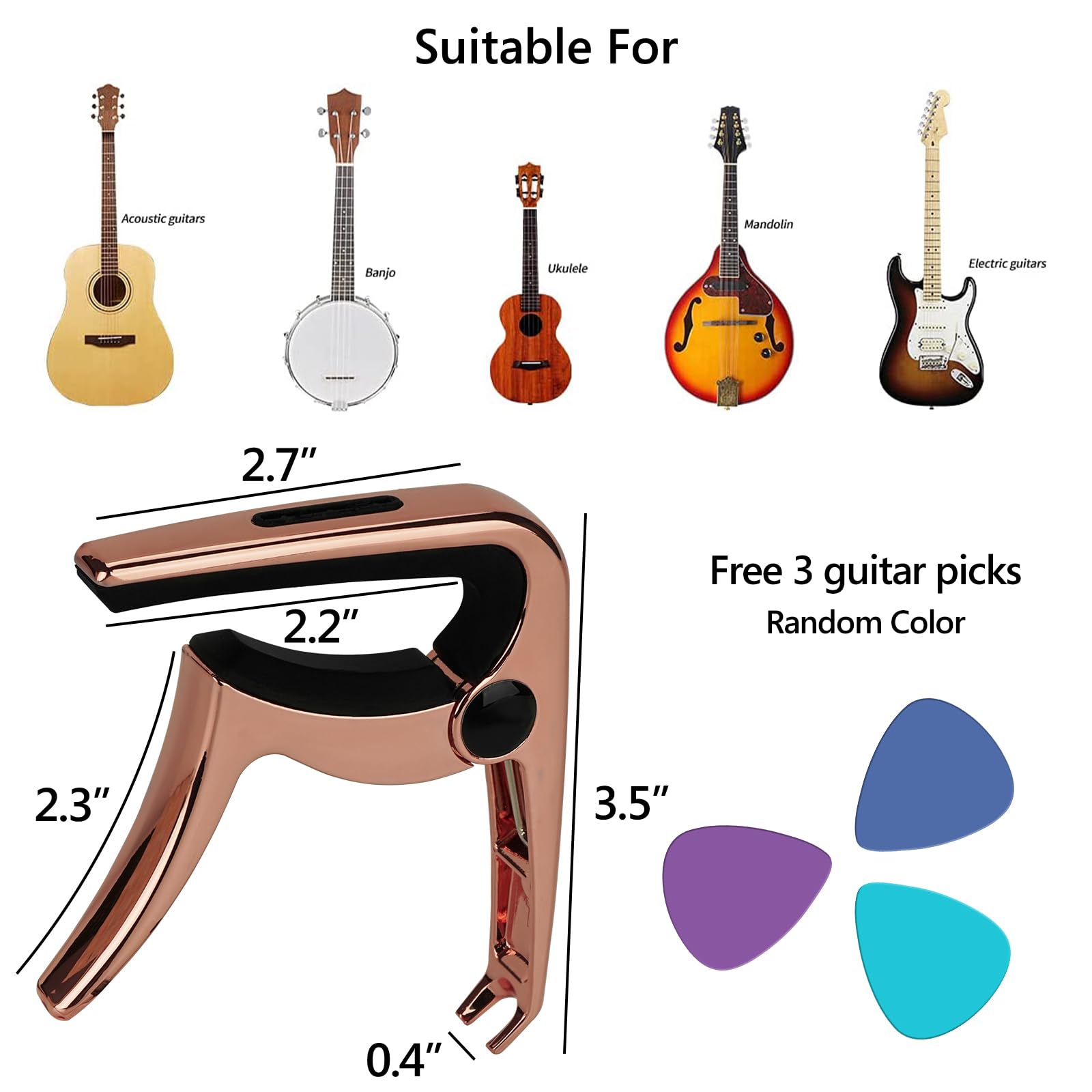GEEKRIA Kapodaster gitarowy 3 w 1, metalowy kapodaster ze stopu cynku, do gitar akustycznych i elektrycznych, ukulele, mandoliny, akcesoria do gitary klasycznej (różowe złoto)