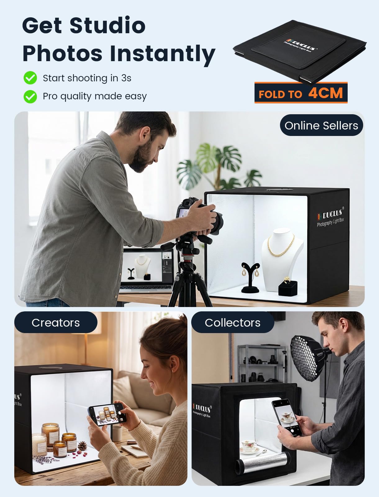 DUCLUS Fotobox 40 x 40 cm, składane studio fotograficzne, 5500 K, ściemniany namiot świetlny z ruchomymi listwami świetlnymi LED i 6 tłami do fotografii produktowej